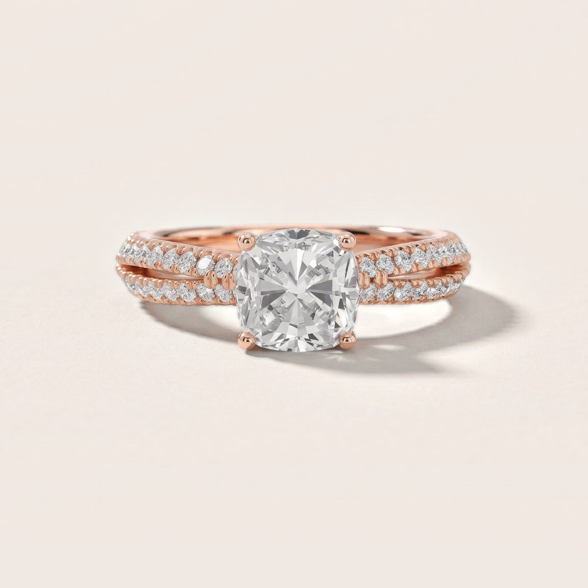 Ottilie Split Shank Pavé Cushion Diamond Engagement Ring in Rose Gold - front.jpg