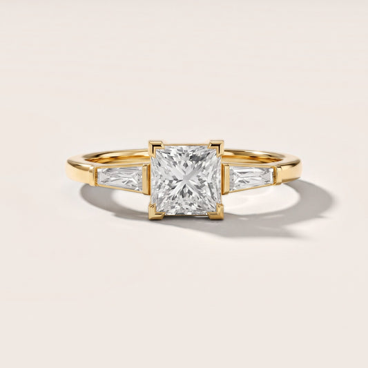Winnie Three-Stone Princess Diamond Engagement Ring in Yellow Gold