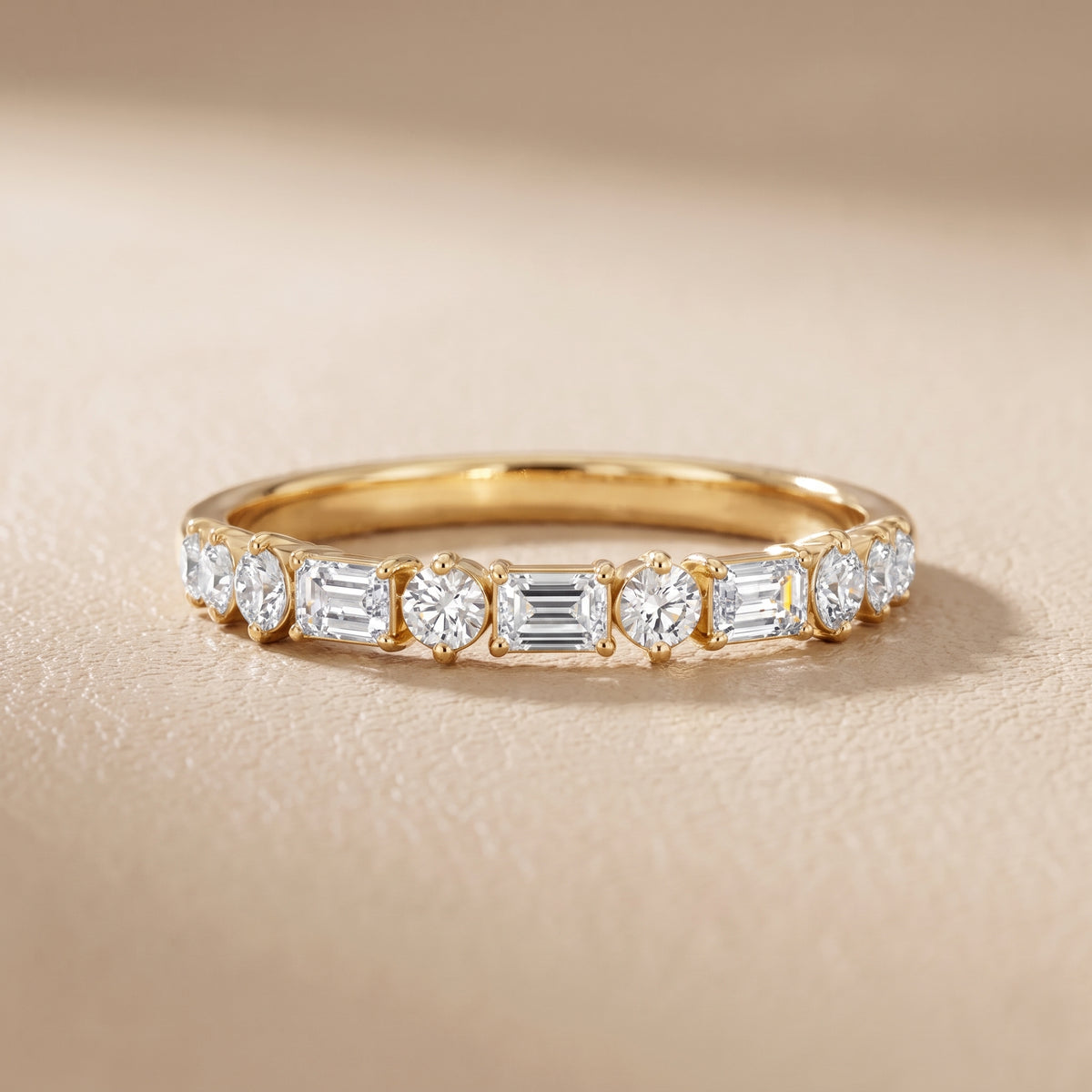 Rebecca Four Prong Emerald & Round Diamond Half Eternity Band in Yellow Gold - front.jpg