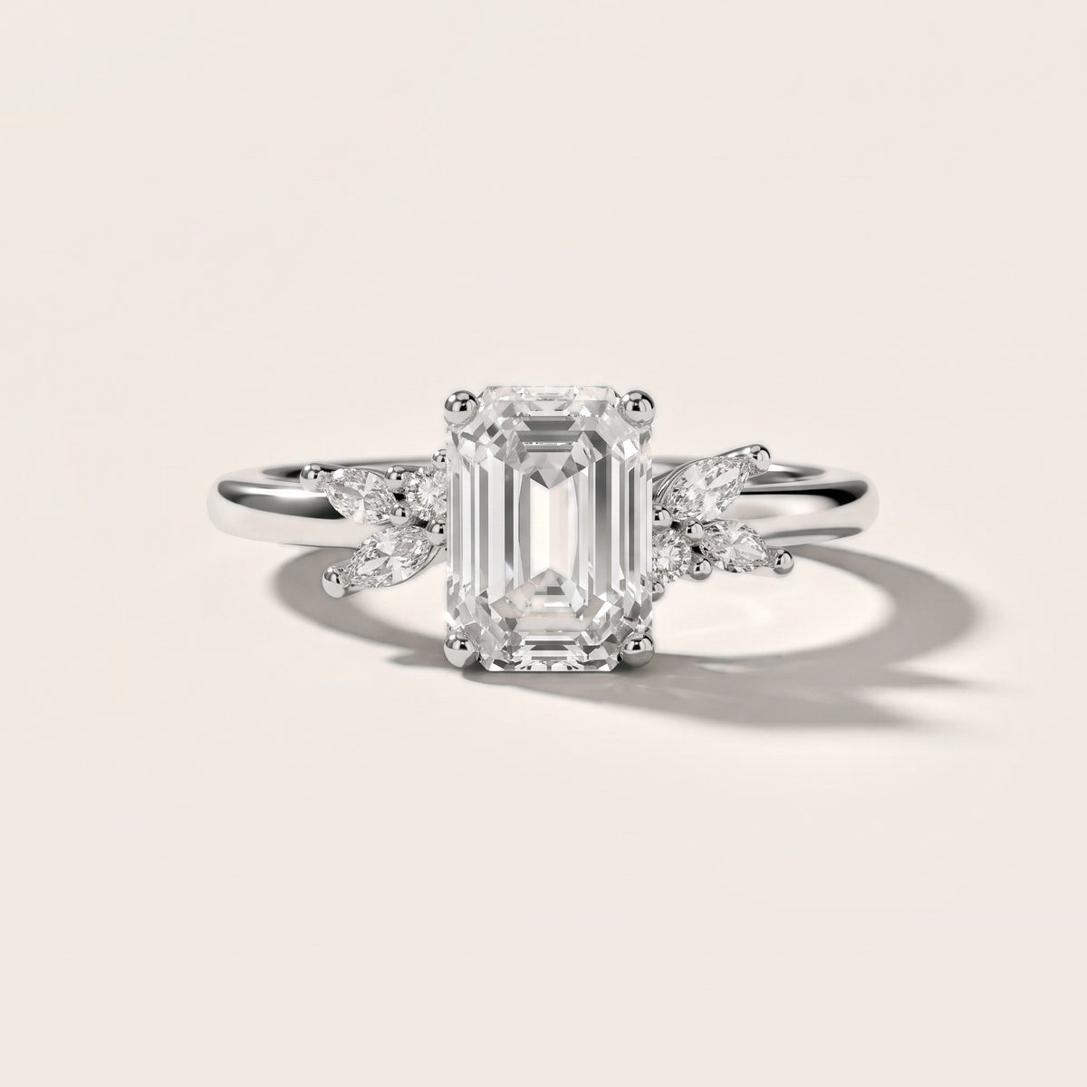 Avon Leaf Cluster Emerald Diamond Engagement Ring in Silver - front.jpg