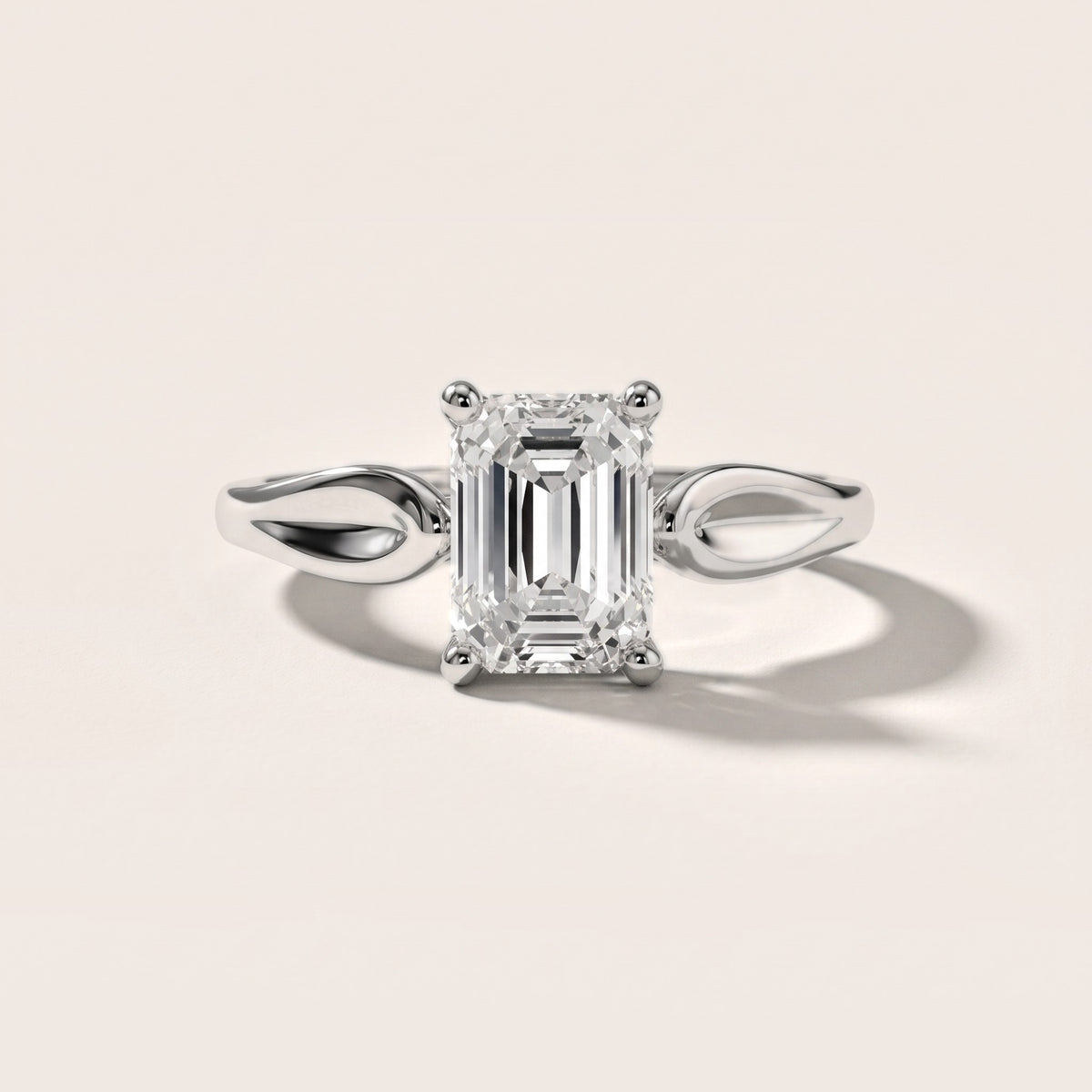 Lauretta Leaf Solitaire Emerald Diamond Engagement Ring in White Gold - front.jpg