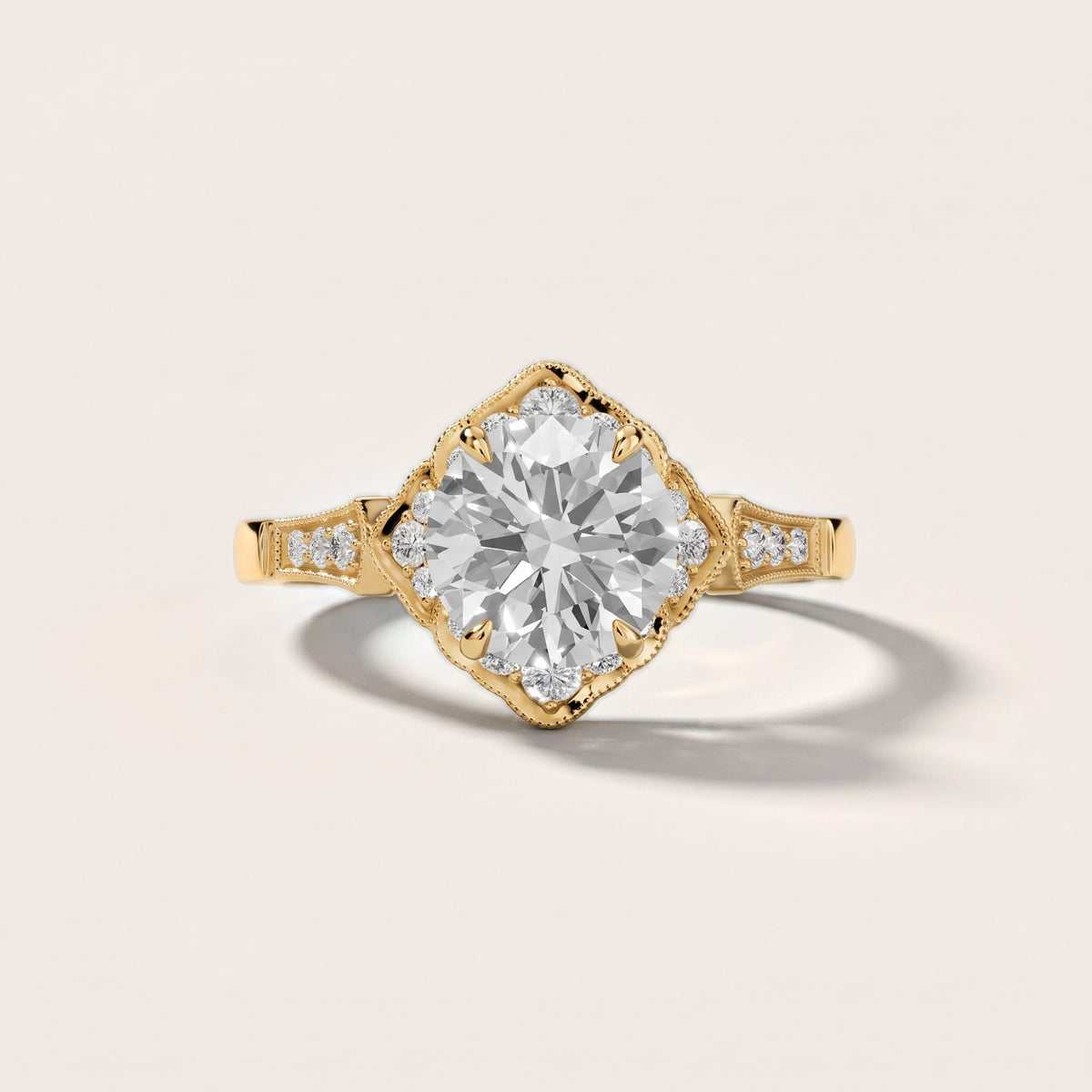 Esther Milgrain Halo Round Diamond Engagement Ring in Yellow Gold - front.jpg