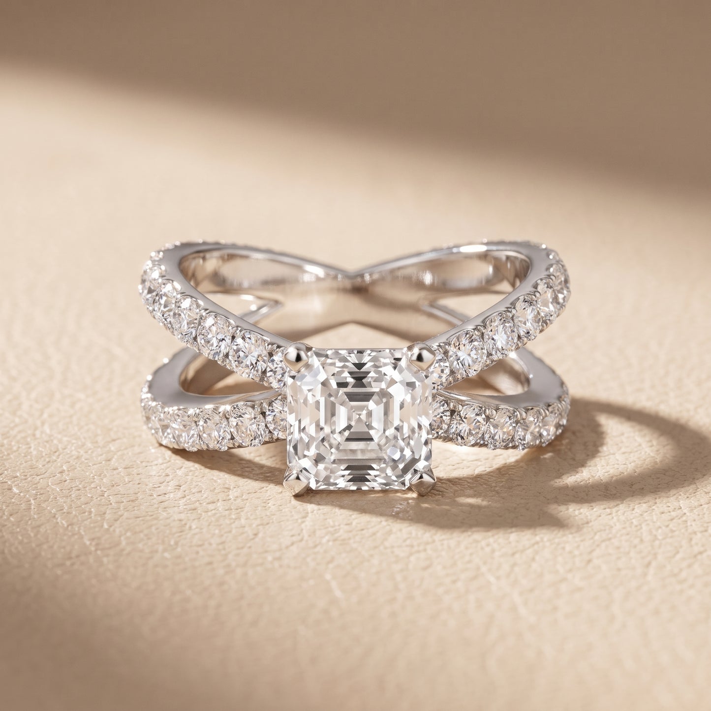 Lior Criss Cross Pavé Asscher Diamond Engagement Ring in Silver - front.jpg