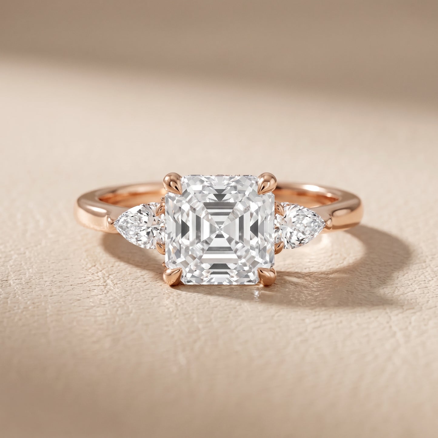 Leila Three-Stone Asscher Diamond Engagement Ring in Rose Gold - front.jpg