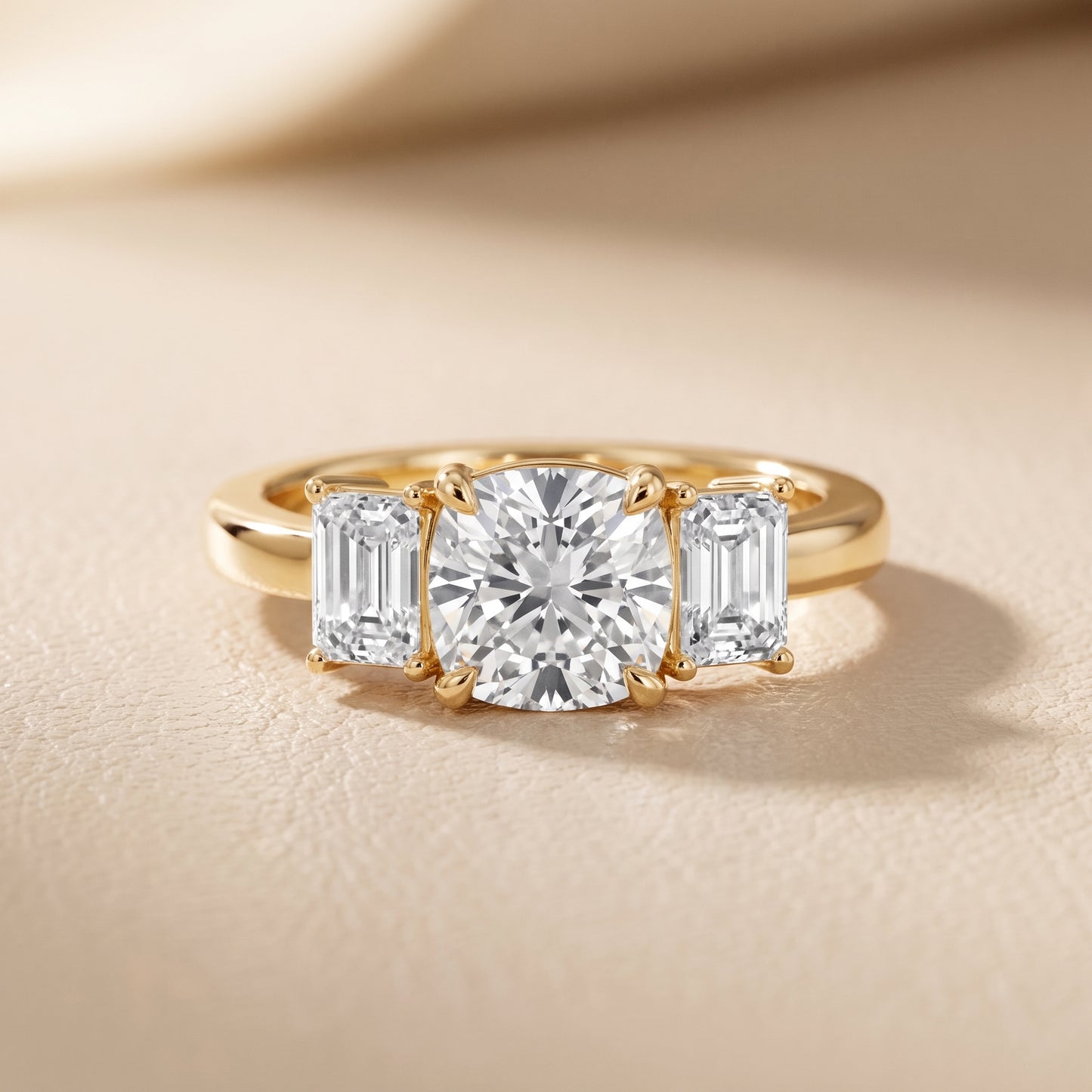 Zoe Three-Stone Cushion Diamond Ring in Yellow Gold - front.jpg