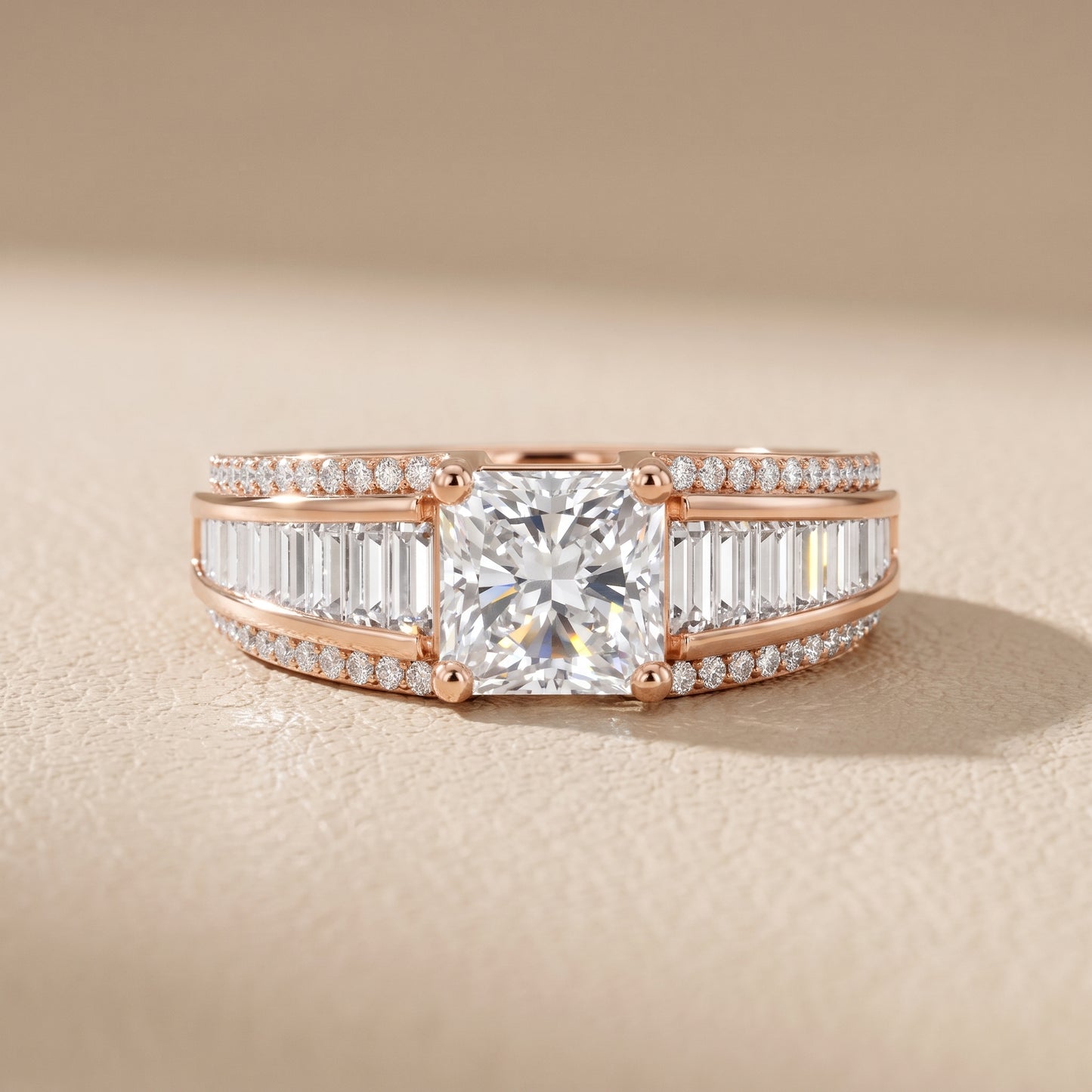 Halle Channel Set Baguette Accent Radiant Diamond Engagement Ring in Rose Gold - front.jpg