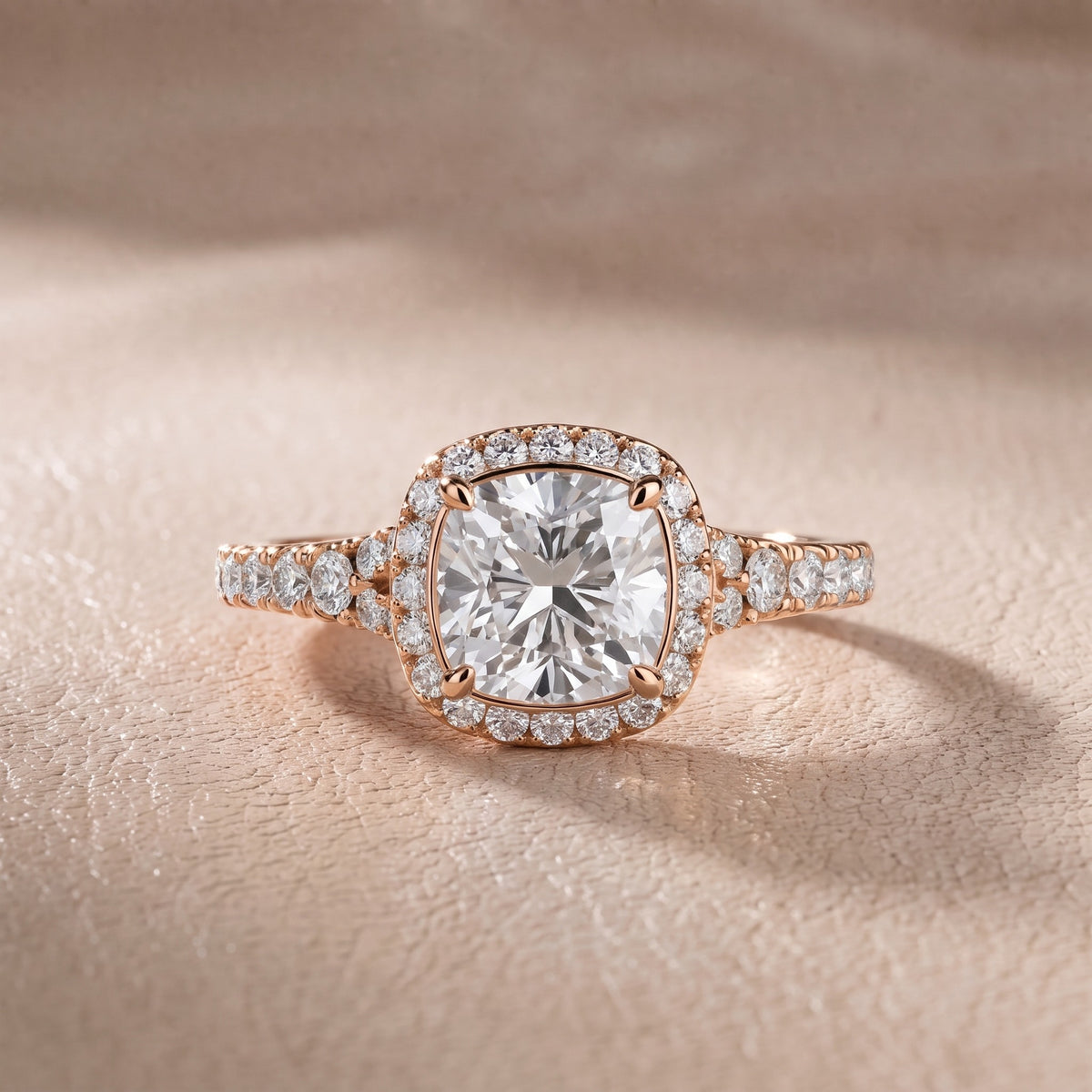 Bella Halo Pavé Cushion Diamond Engagement Ring in Rose Gold - front.jpg
