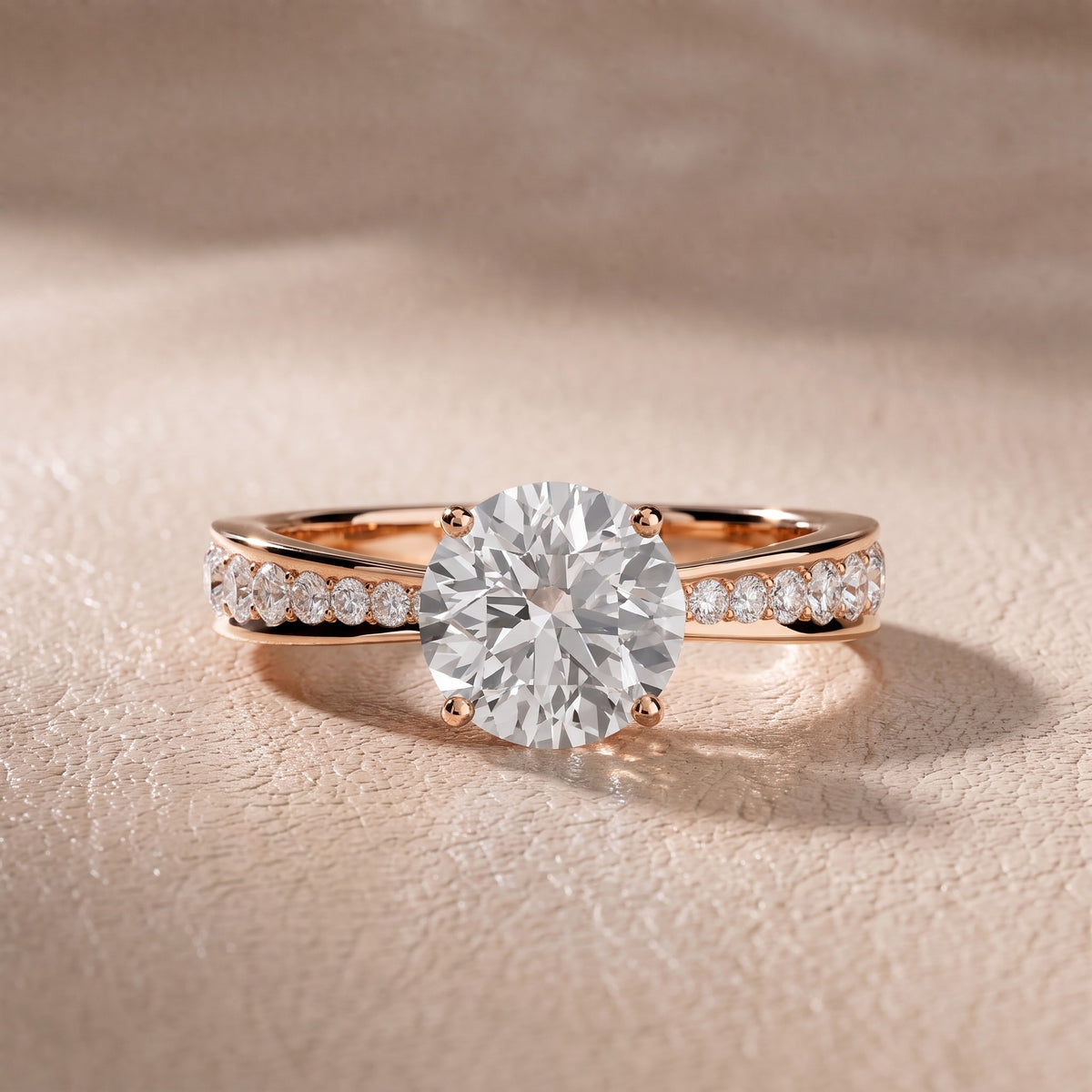 Rhea Sidestone Pavé Round Diamond Engagement Ring in Rose Gold - front.jpg