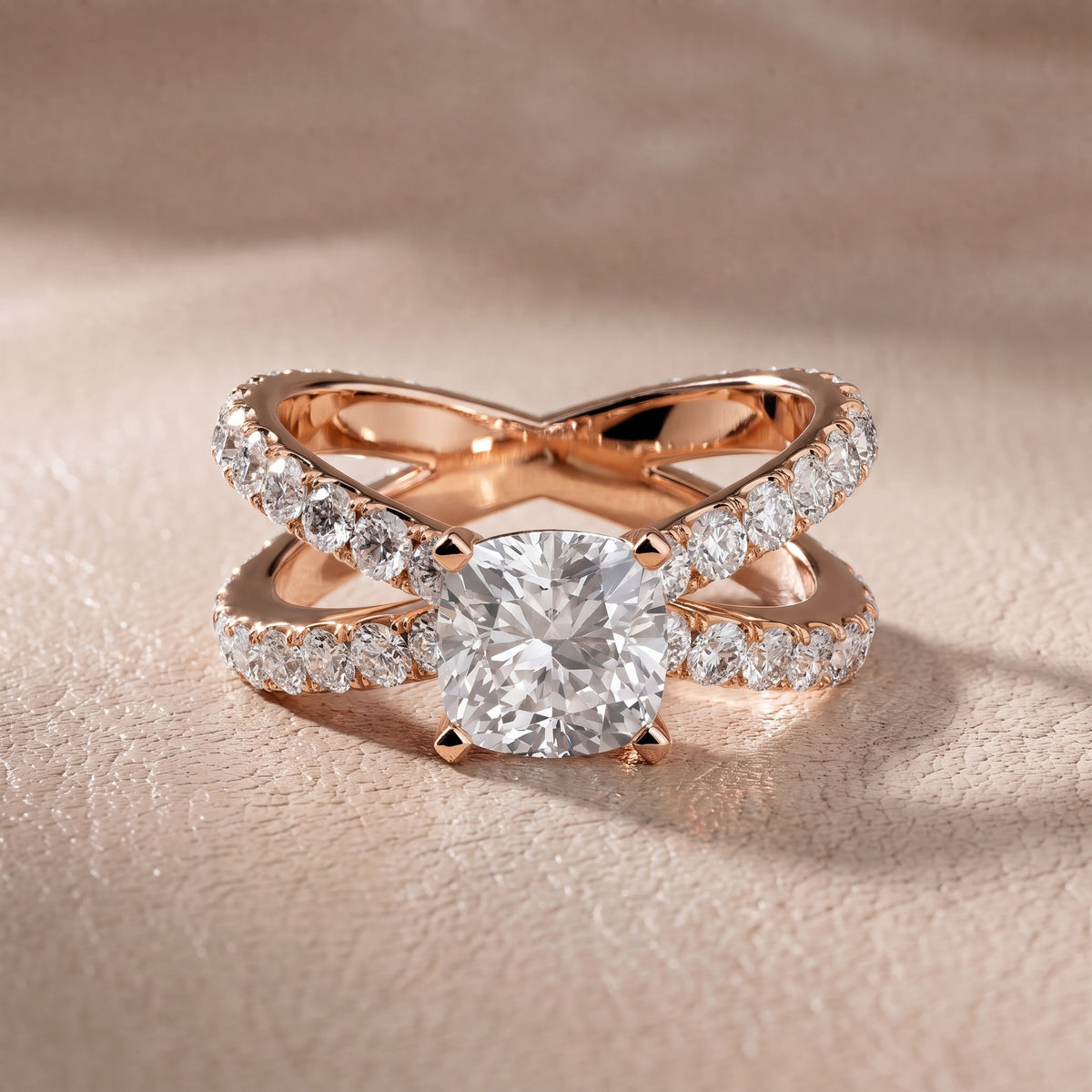 Ilaria Criss Cross Pavé Cushion Diamond Engagement Ring in Rose Gold - front.jpg