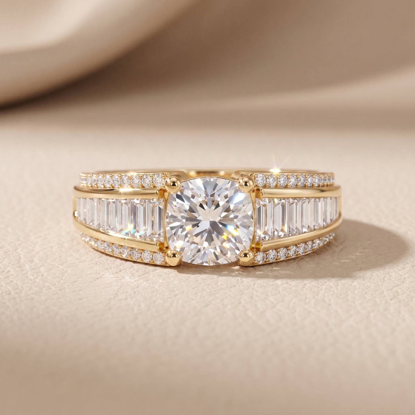 Halle Channel Set Baguette Accent Cushion Diamond Engagement Ring in Yellow Gold - front.jpg