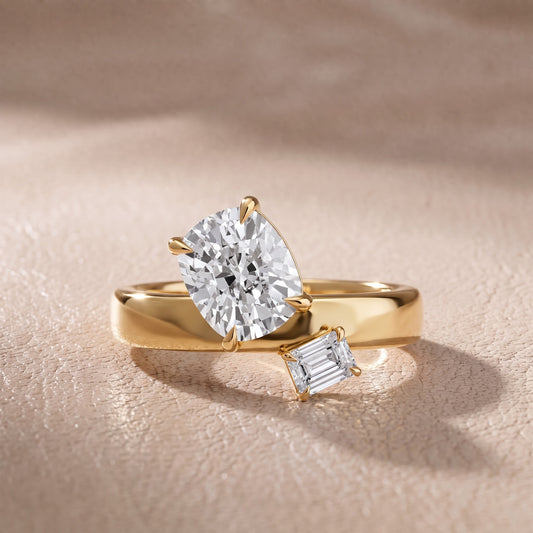 Sabrina Two-Stone Cushion & Emerald Diamond Engagement Ring in Yellow Gold - front.jpg