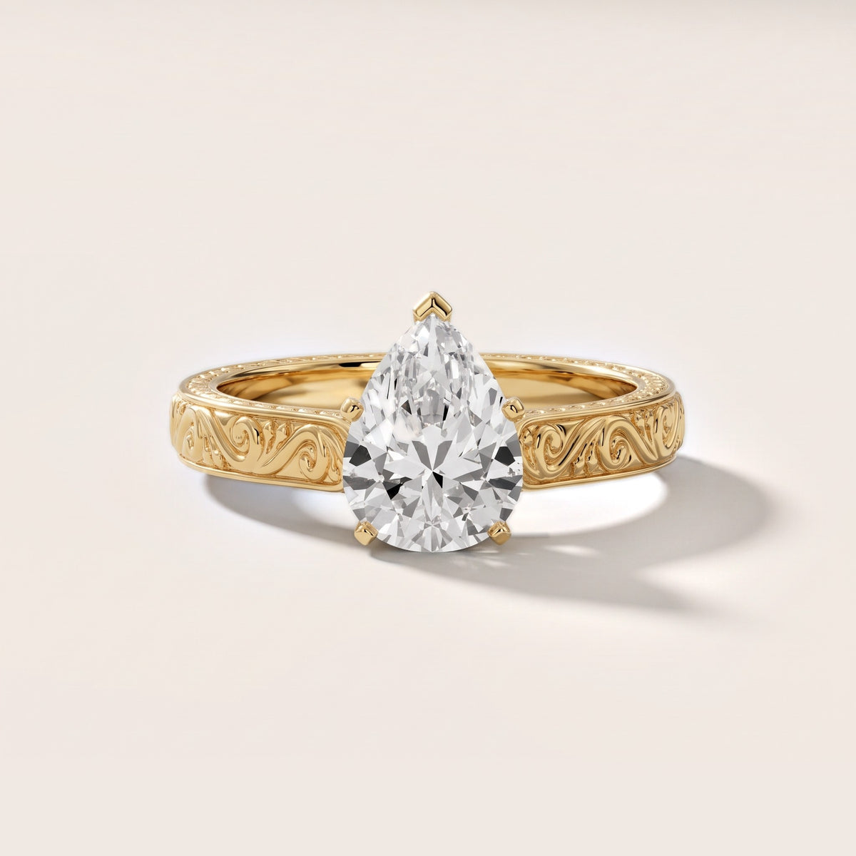 Fia Vintage Engraved Pear Diamond Engagement Ring in Yellow Gold - front.jpg