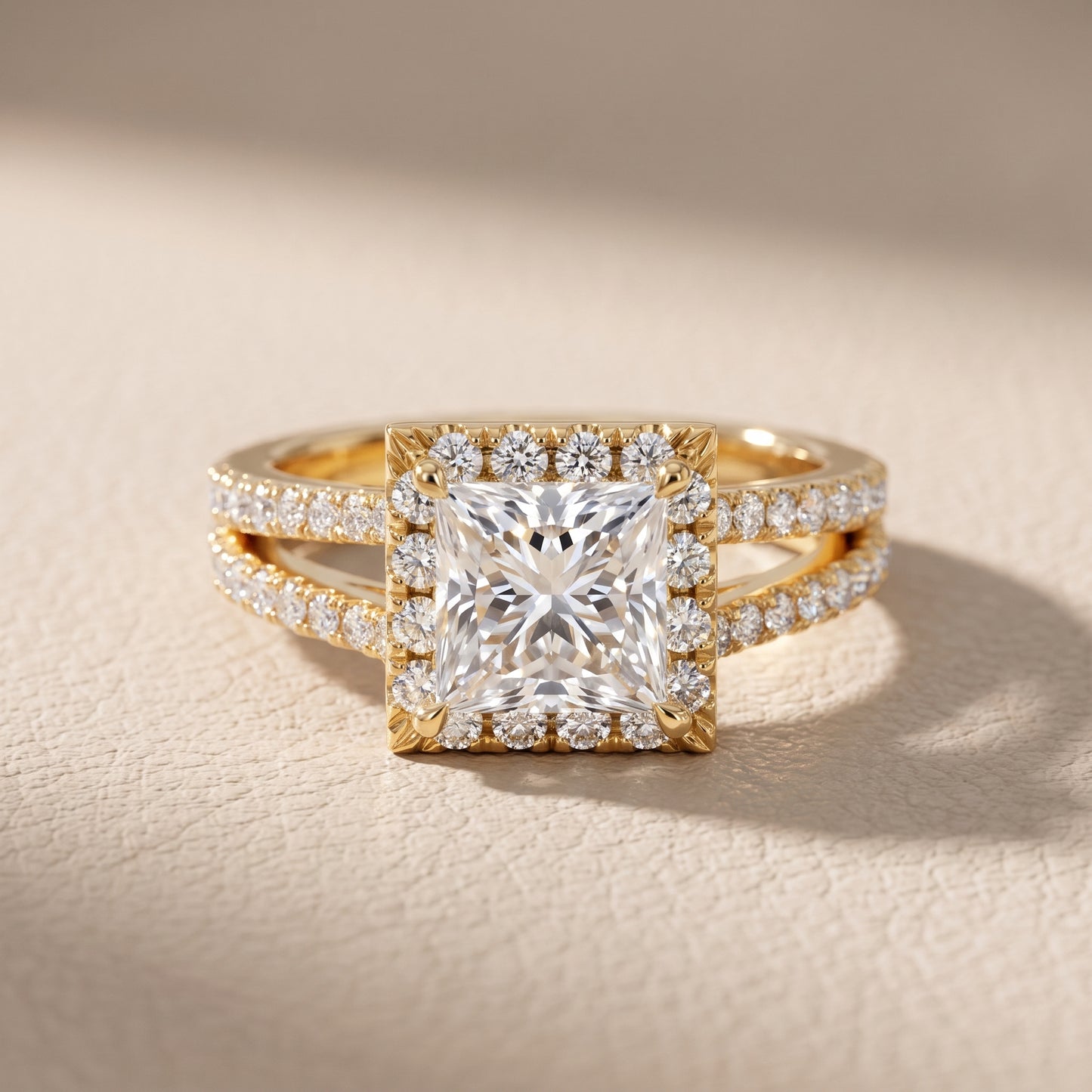 Kira Halo Split Shank Princess Diamond Engagement Ring in Yellow Gold - front.jpg
