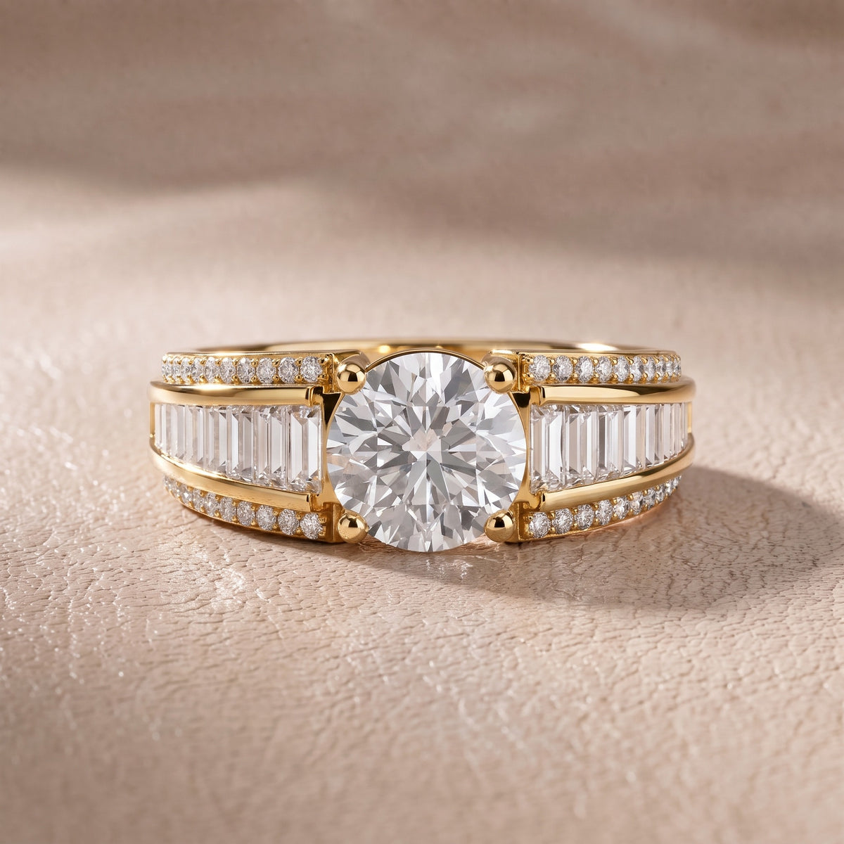Tara Channel Set Baguette Accent Round Diamond Engagement Ring in Yellow Gold - front.jpg