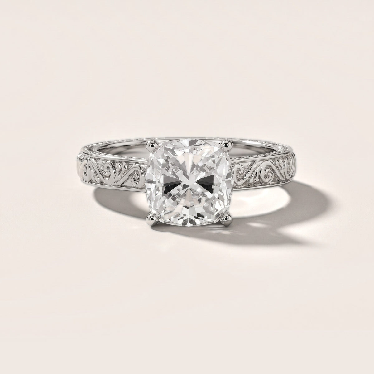 Fia Vintage Engraved Cushion Diamond Engagement Ring in Silver - front.jpg
