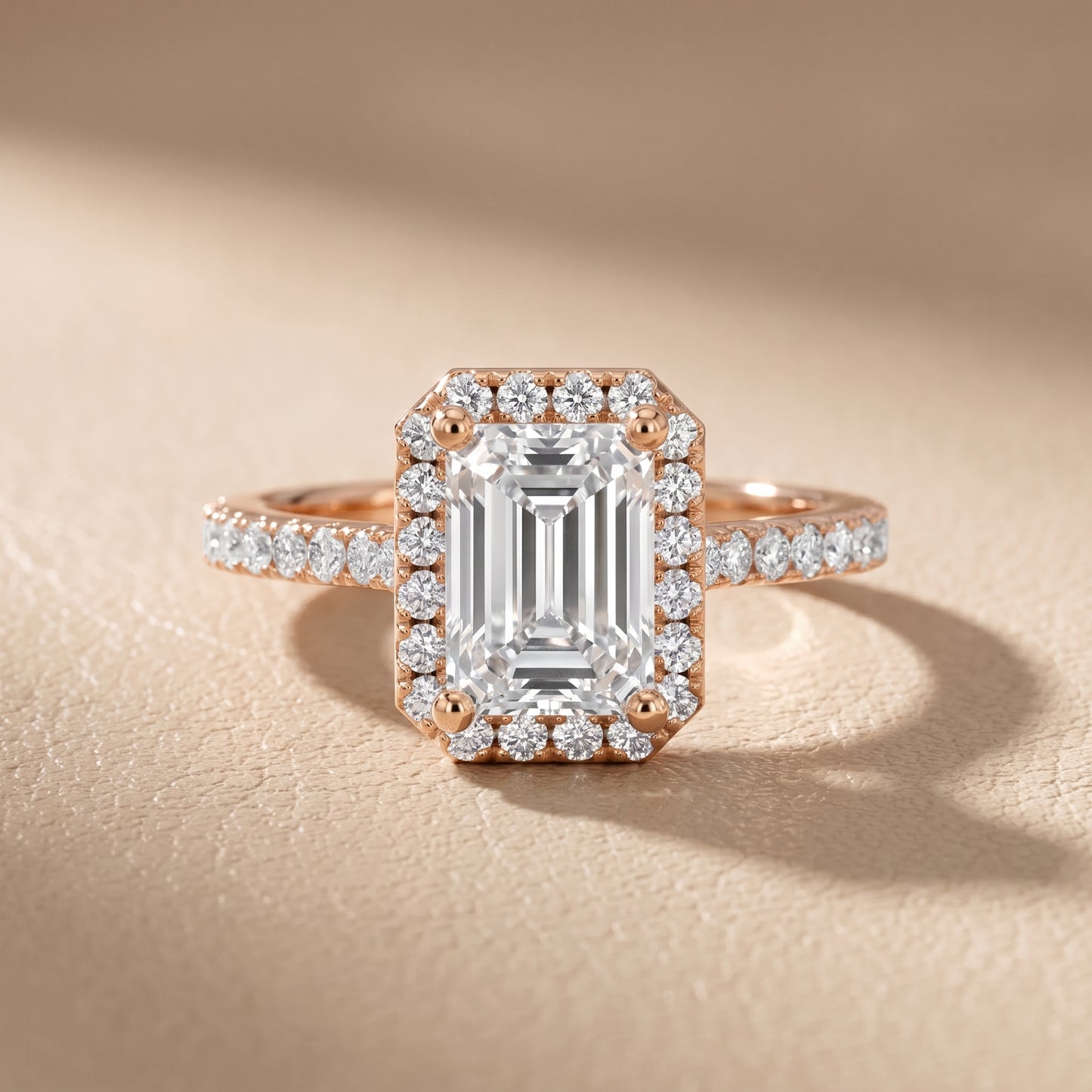 Sophie Halo Pavé Emerald Diamond Ring in Rose Gold - front.jpg