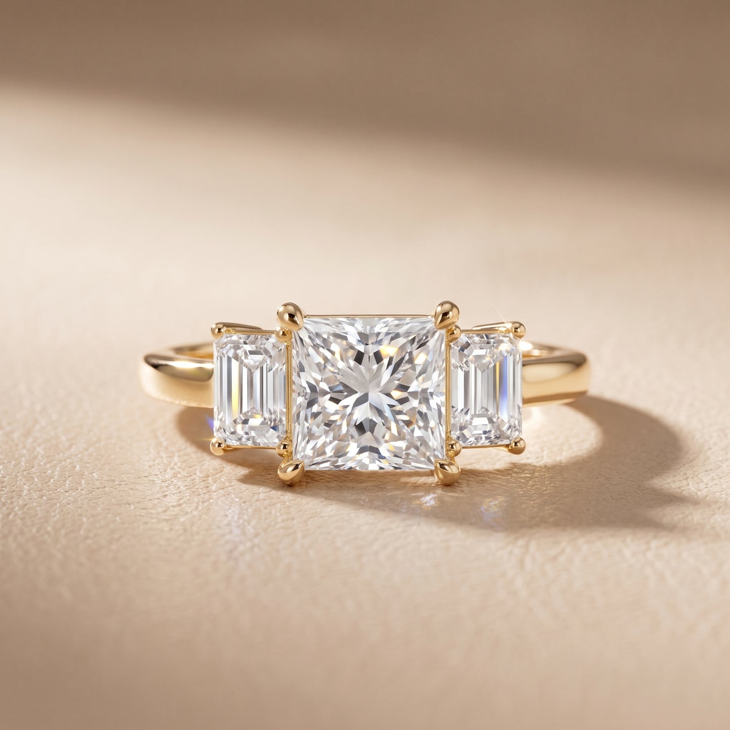 Zoe Three-Stone Princess Diamond Ring in Yellow Gold - front.jpg