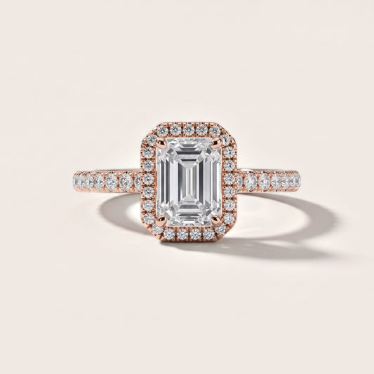 Mabel Halo French Pavé Emerald Diamond Engagement Ring in Rose Gold