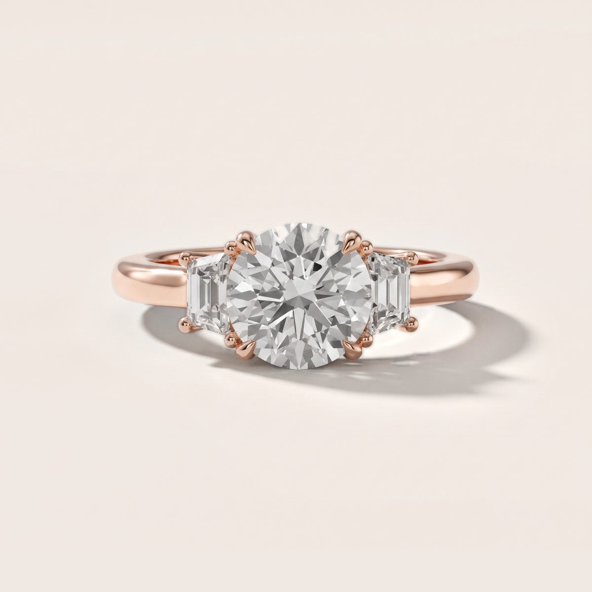 Federica Trapezoid Three-Stone Round Diamond Engagement Ring in Rose Gold - front.jpg