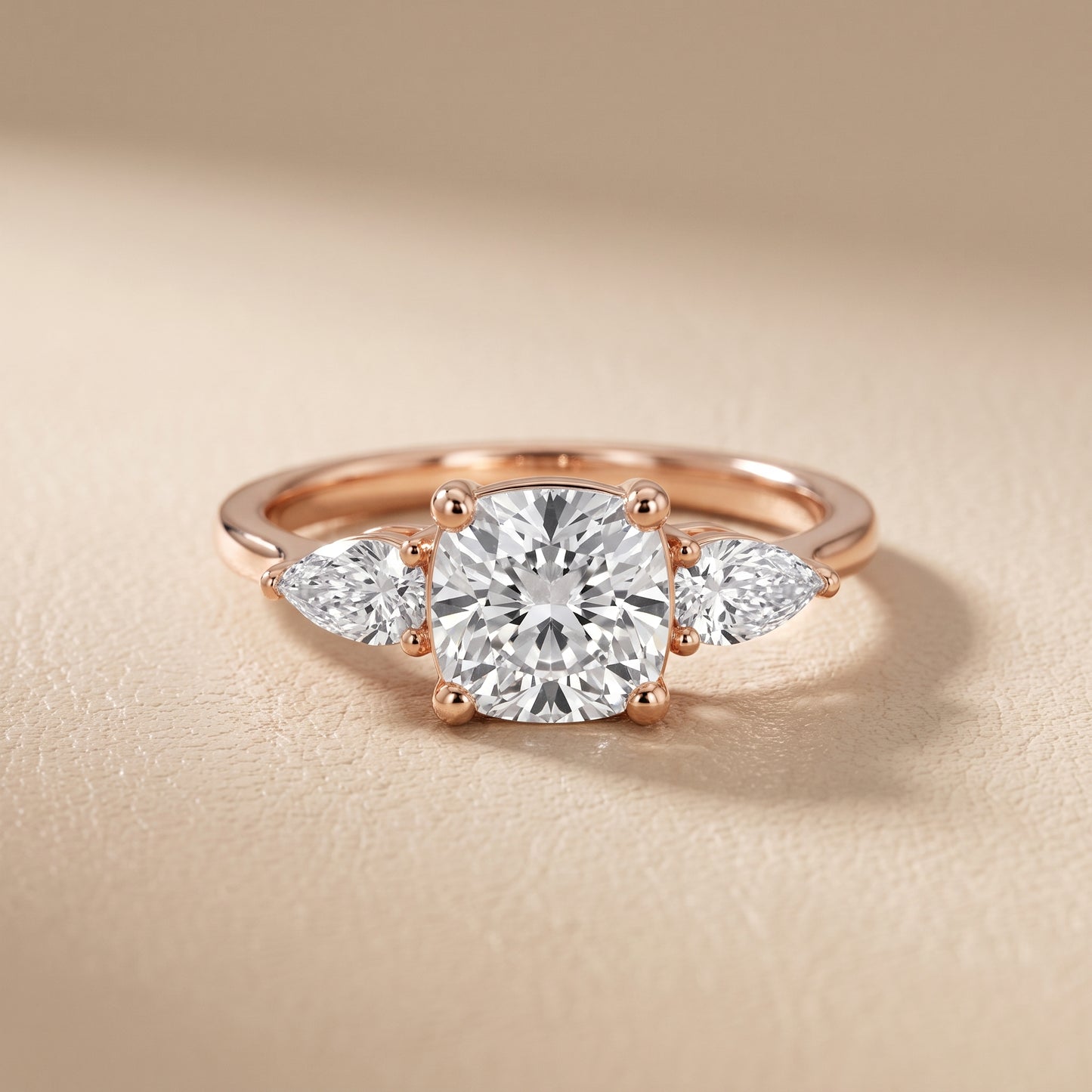 Faye Three-Stone Trellis Cushion Diamond Ring in Rose Gold - front.jpg