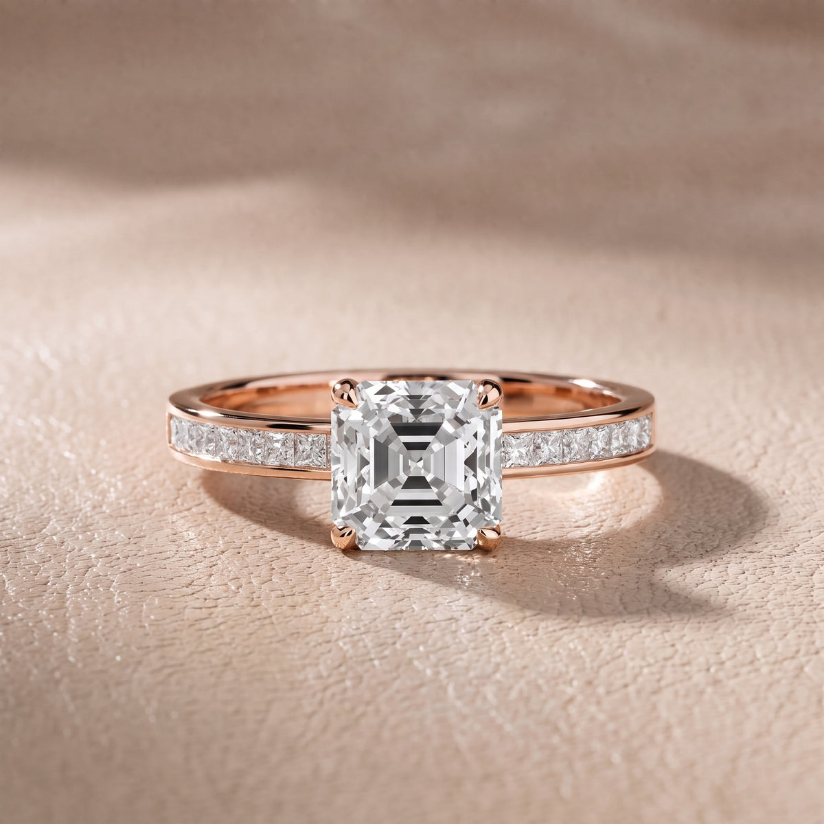 Maren Sidestone Channel Set Asscher Diamond Engagement Ring in Rose Gold - front.jpg