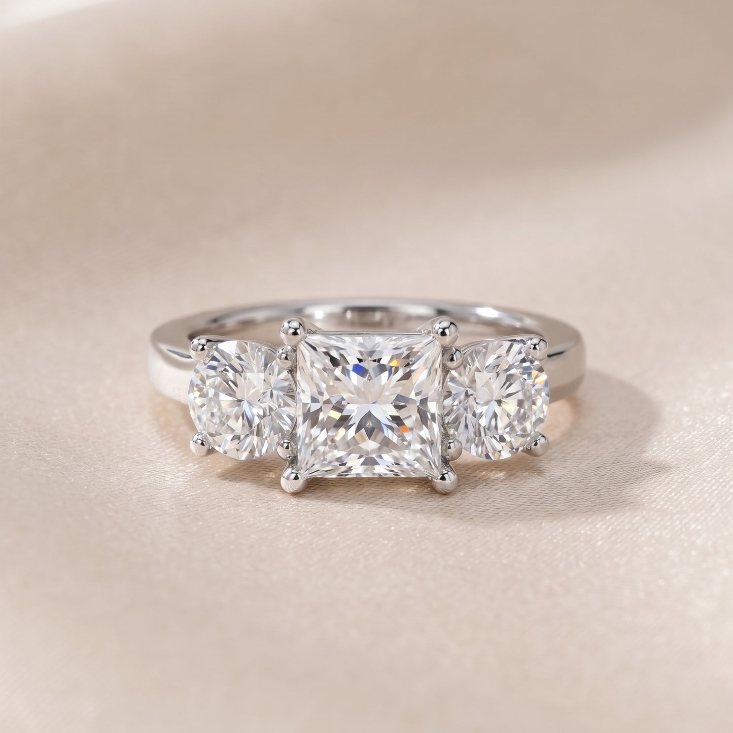 Callie Three-Stone Trellis Princess Diamond Engagement Ring in Silver - front.jpg