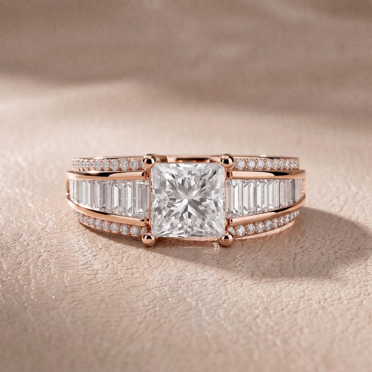 Tara Channel Set Baguette Accent Princess Diamond Engagement Ring in Rose Gold - front.jpg