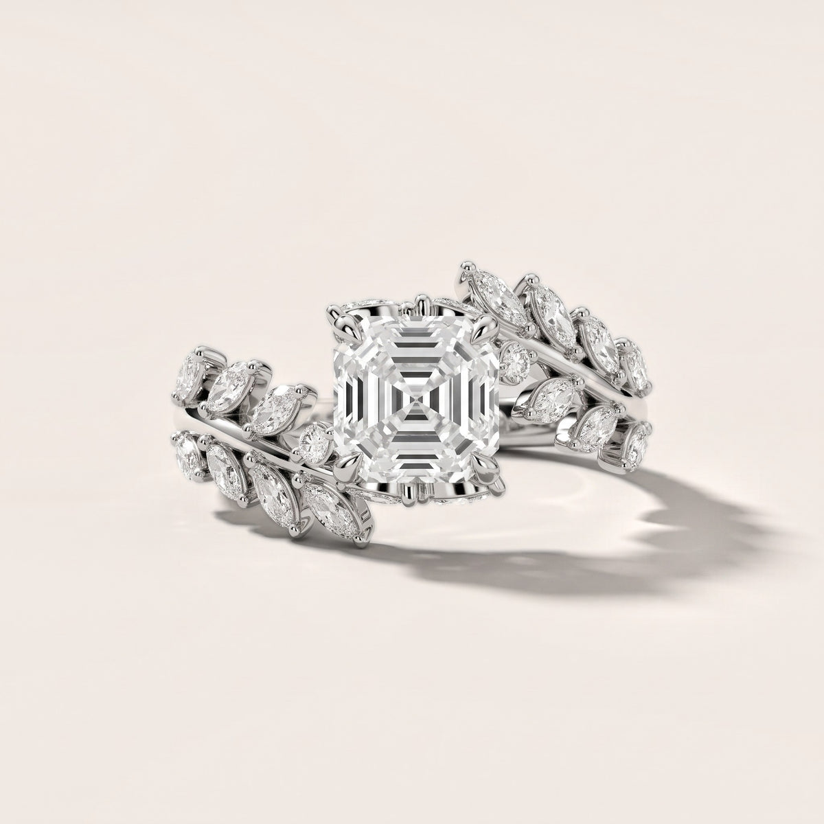 Clarion Leaf Bypass Asscher Diamond Engagement Ring in Platinum - front.jpg
