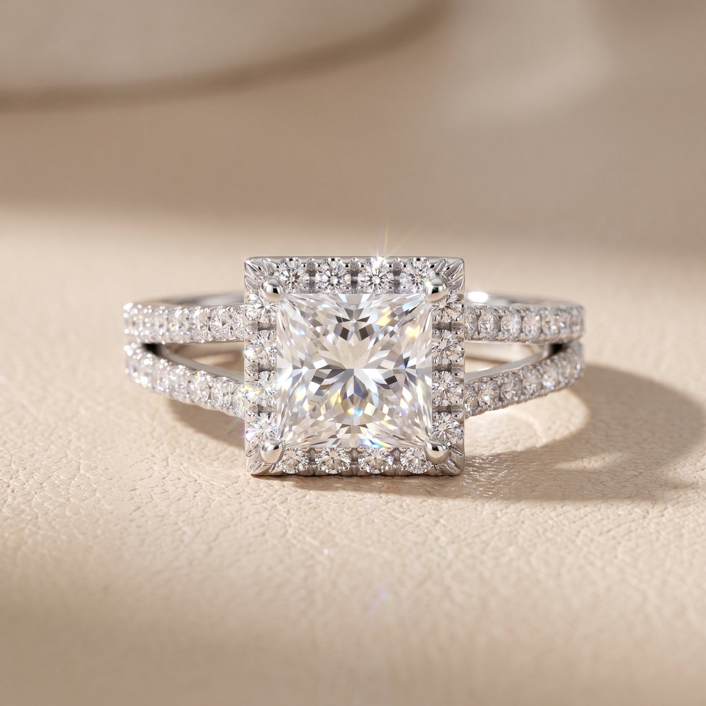 Kira Halo Split Shank Princess Diamond Engagement Ring in Silver - front.jpg