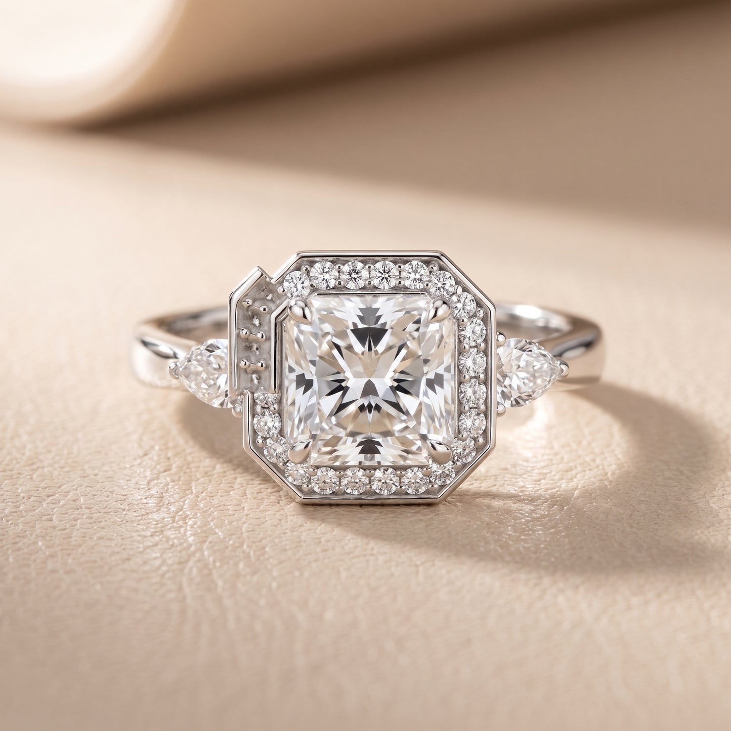 Eliza Halo Sidestone Radiant Diamond Engagement Ring in Silver - front.jpg