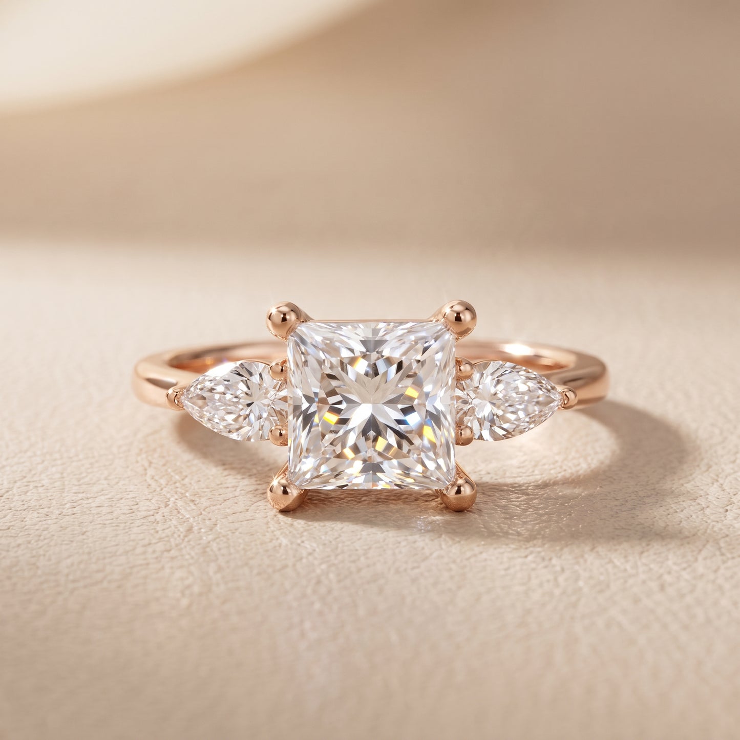 Faye Three-Stone Trellis Princess Diamond Ring in Rose Gold - front.jpg
