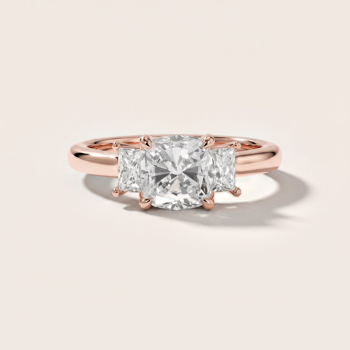 Cosette Statement Three-Stone Cushion Diamond Engagement Ring in Rose Gold - front.jpg