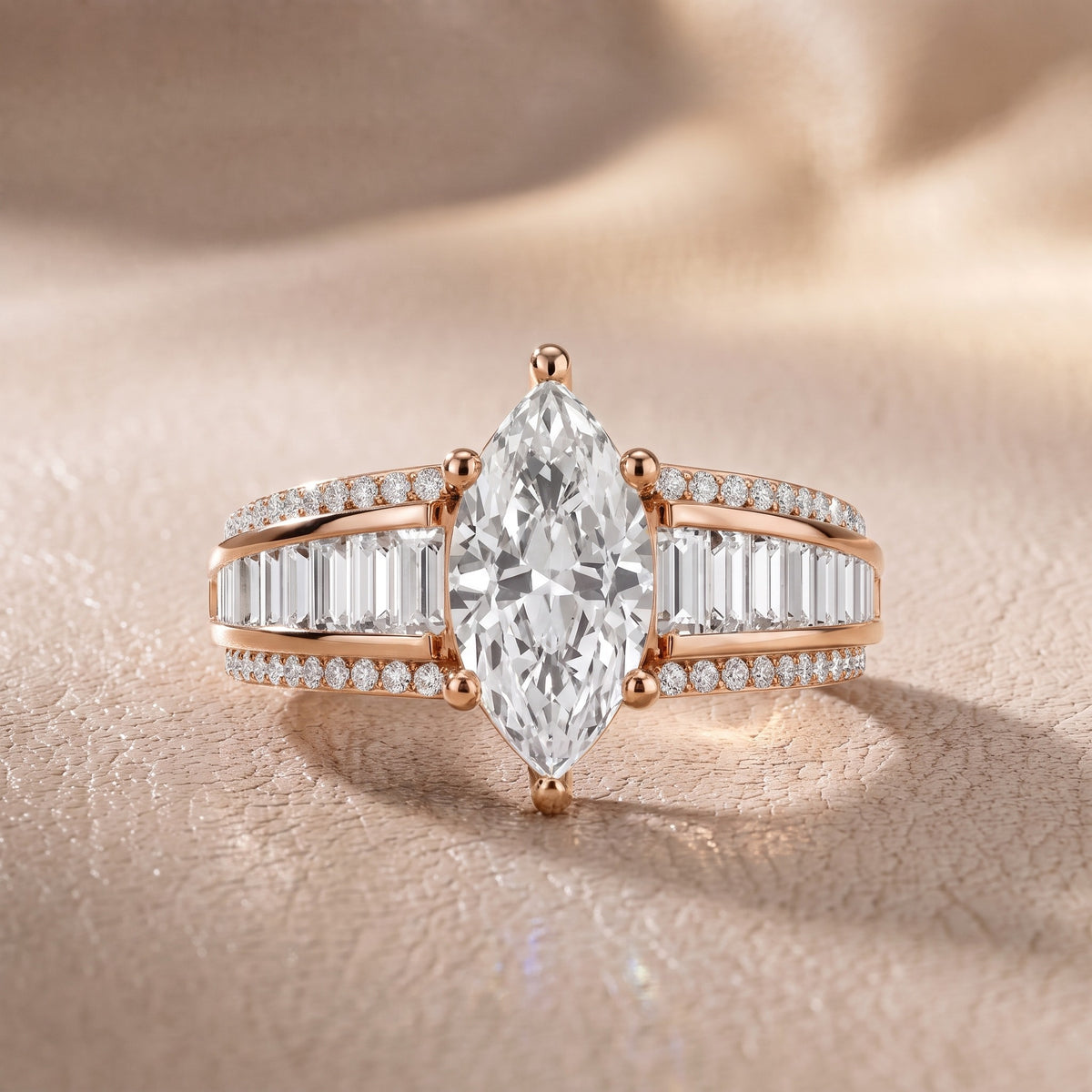 Tara Channel Set Baguette Accent Marquise Diamond Engagement Ring in Rose Gold - front.jpg