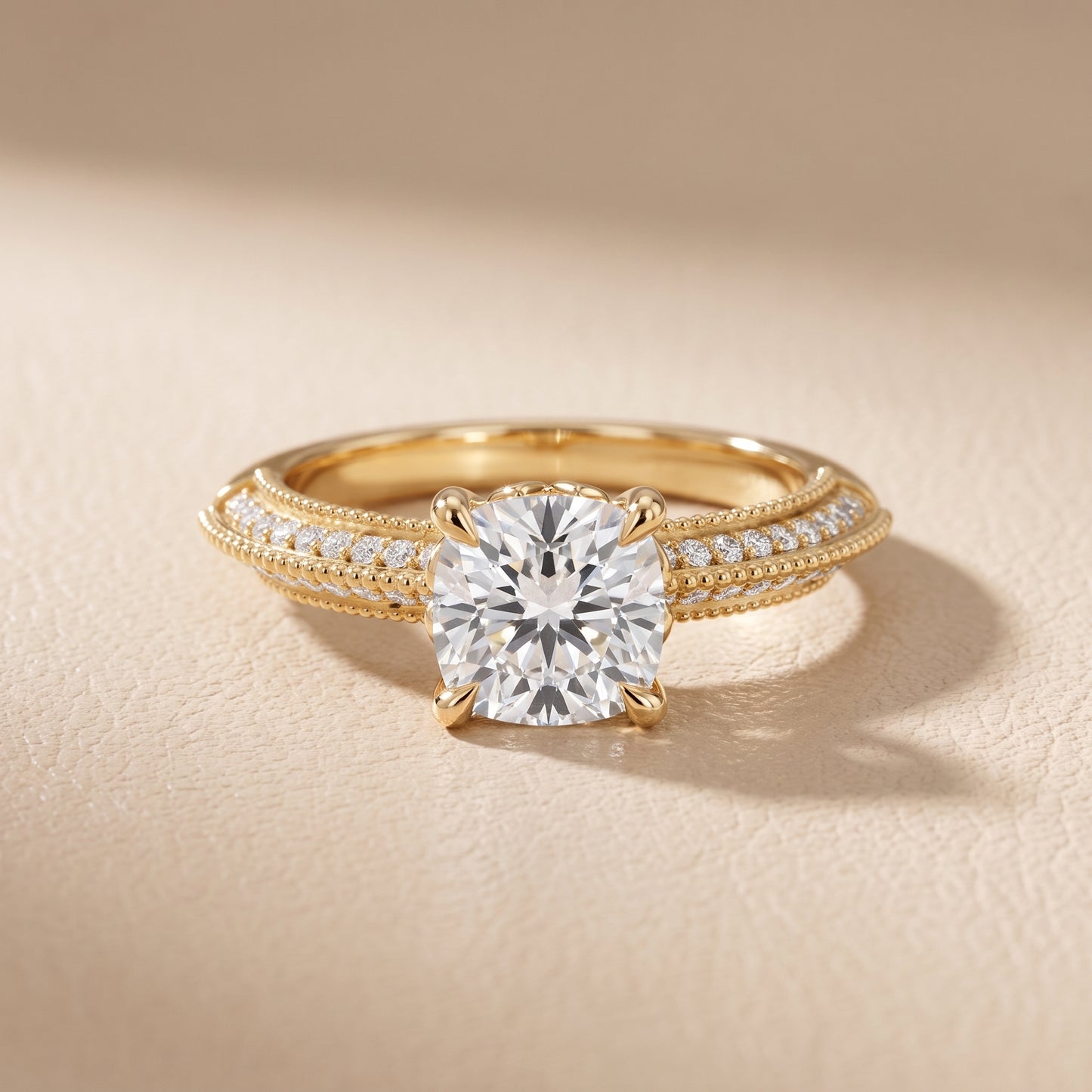 Indie Vintage Milgrain Cushion Diamond Engagement Ring in Yellow Gold - front.jpg