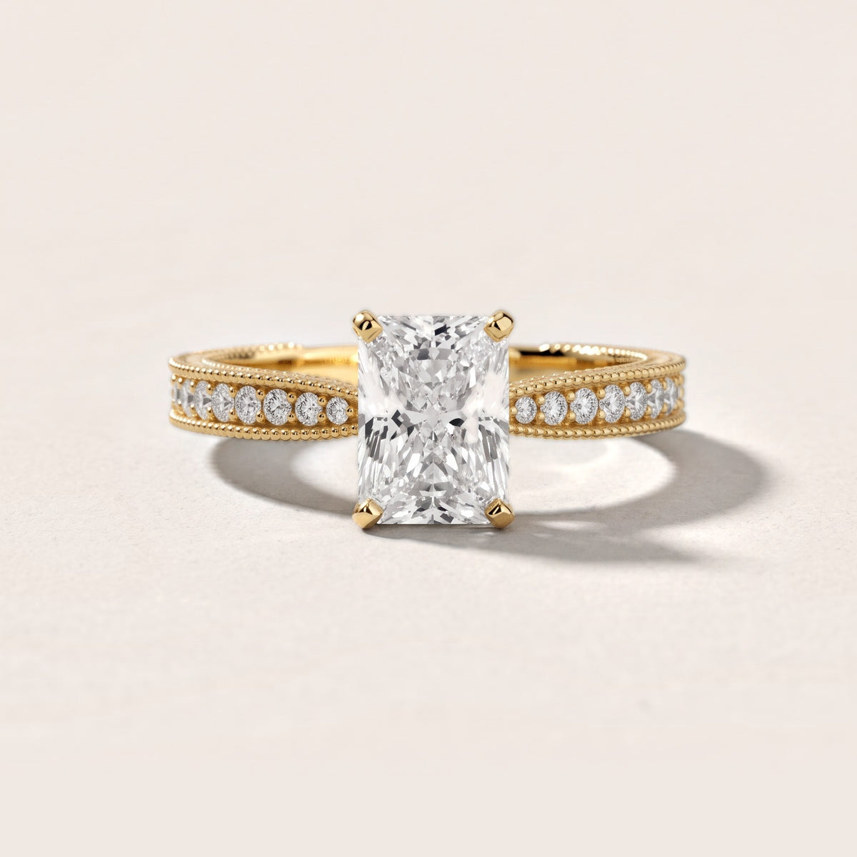 Inga Vintage Engraved Radiant Diamond Engagement Ring in Yellow Gold - front.jpg