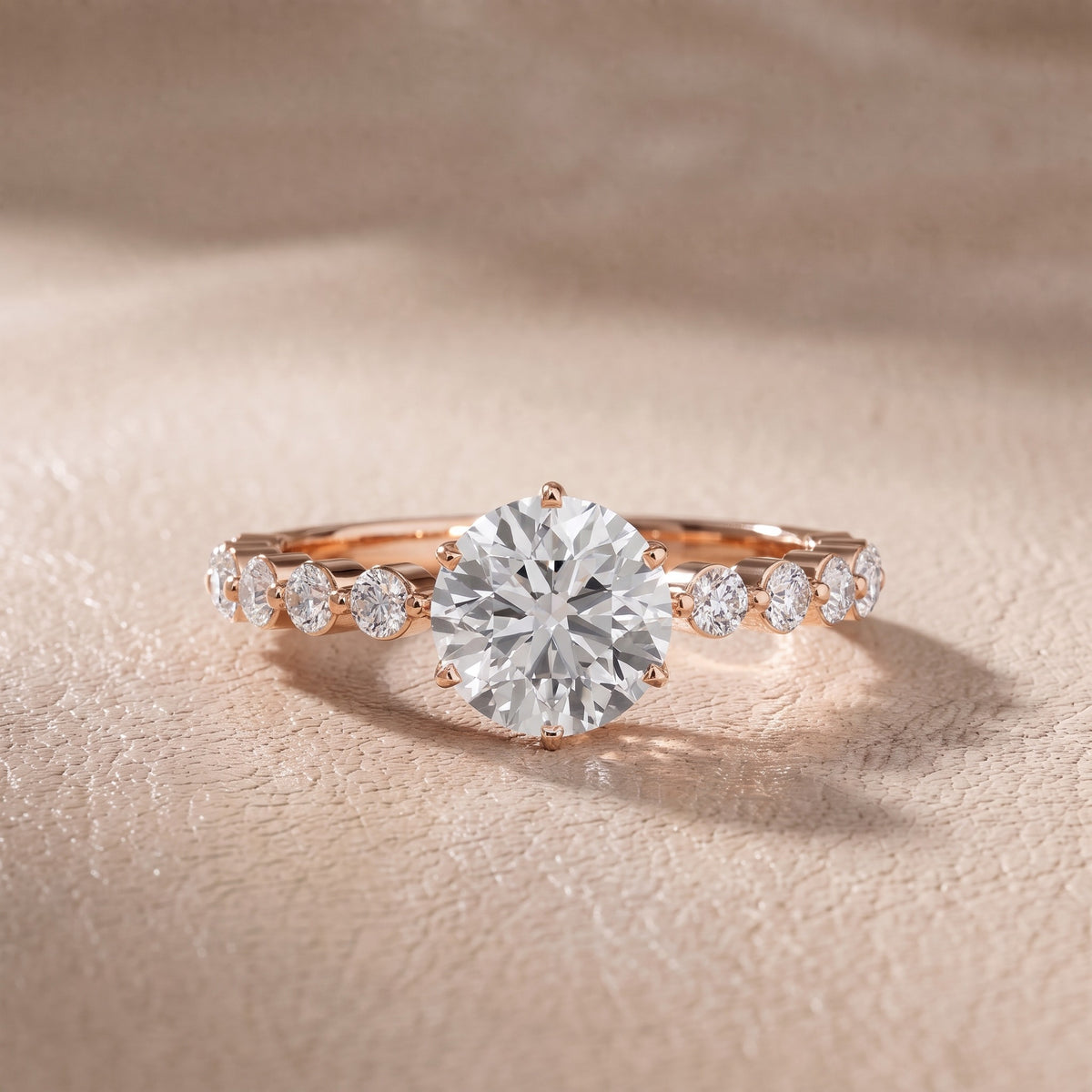 Eleanor Majesty Side Stone Round Diamond Engagement Ring in Rose Gold - front.jpg