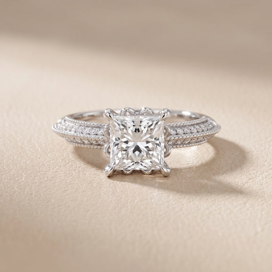 Indie Vintage Milgrain Princess Diamond Engagement Ring in White Gold - front.jpg