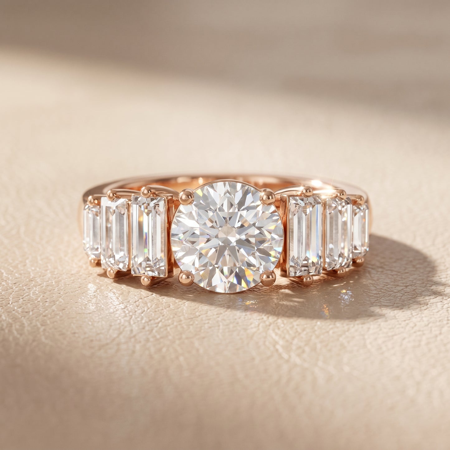 Mara Sidestone Baguette Accent Round Diamond Engagement Ring in Rose Gold - front.jpg