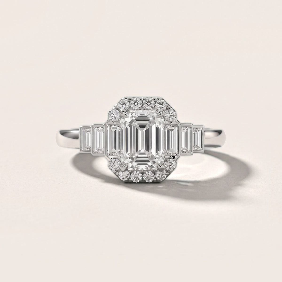 Antonia Baguette Halo Emerald Diamond Engagement Ring in White Gold - front.jpg