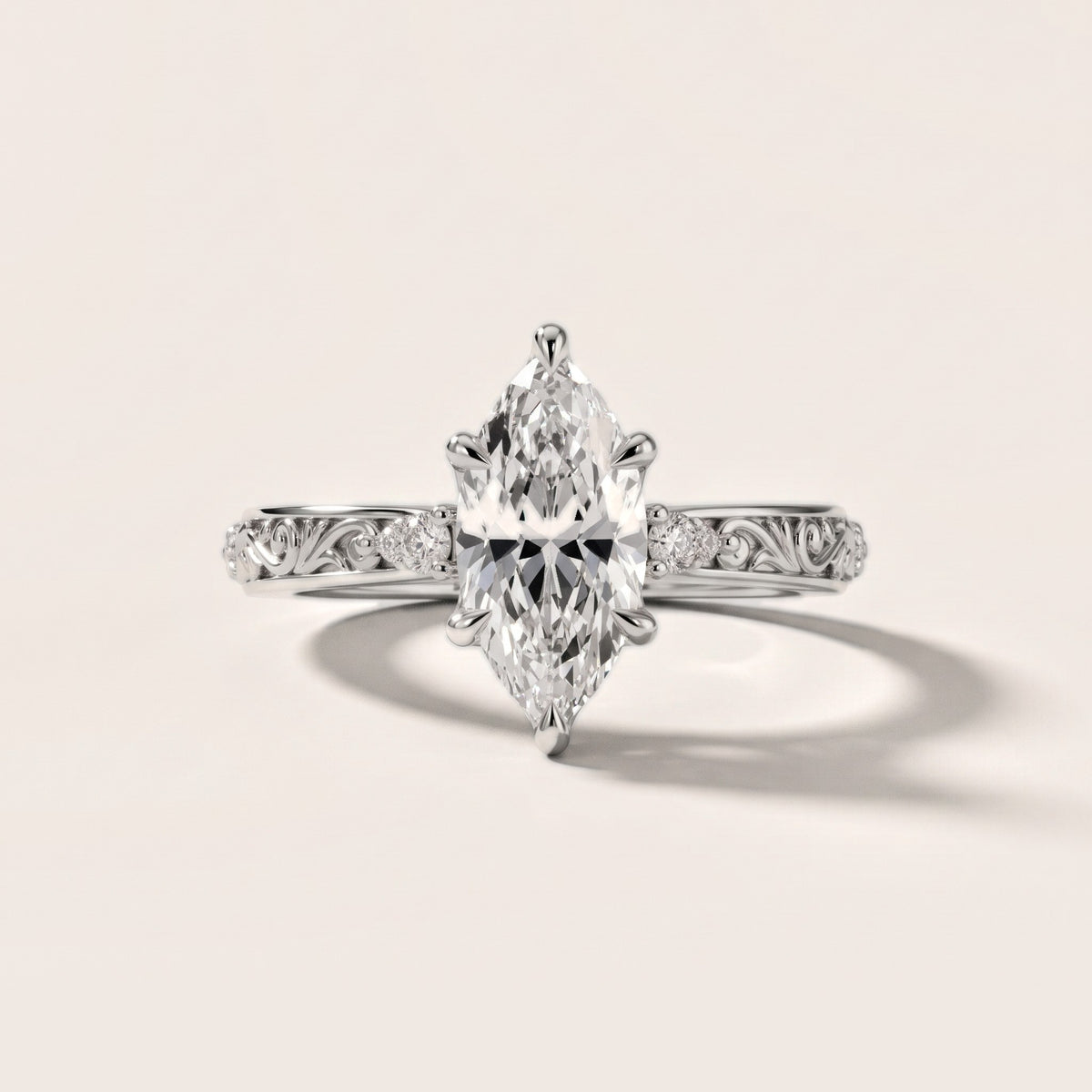 Siesta Three-Stone Engraved Marquise Diamond Engagement Ring in Silver - front.jpg