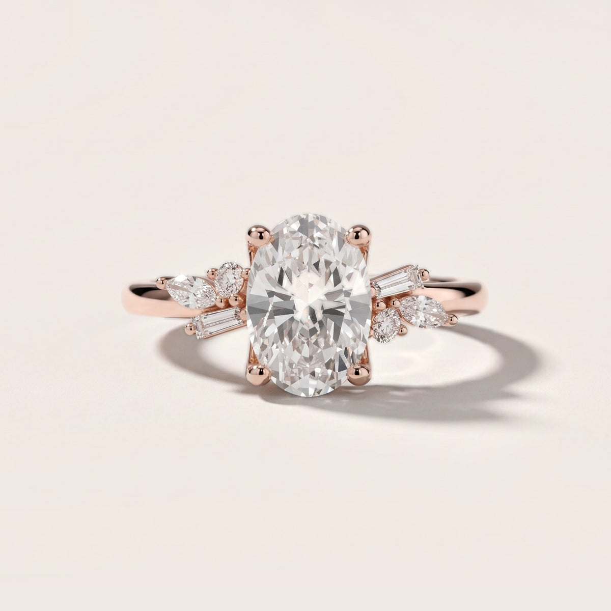 Morgan Baguette Cluster Oval Diamond Engagement Ring in Rose Gold - front.jpg