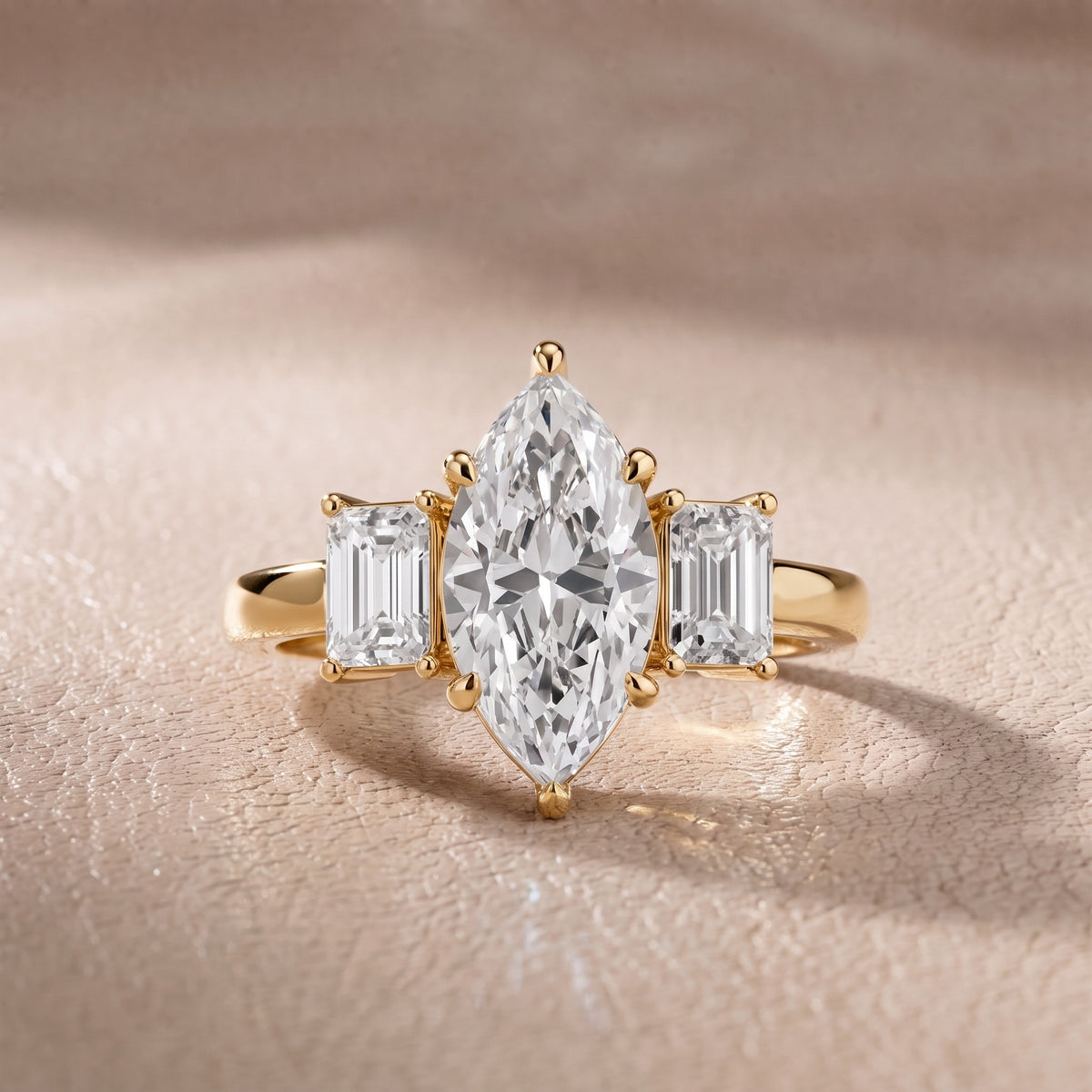 Zoe Three-Stone Marquise Diamond Engagement Ring in Yellow Gold - front.jpg