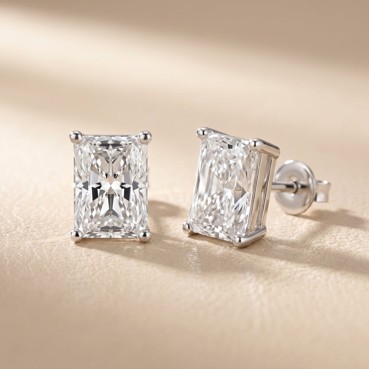 Four Prong Radiant Diamond Stud Earrings in Silver - lifestyle