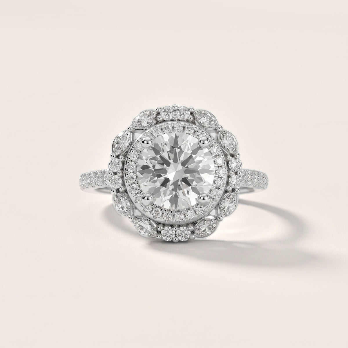 Lyndon Floral Double Halo Round Diamond Engagement Ring in Silver - front.jpg