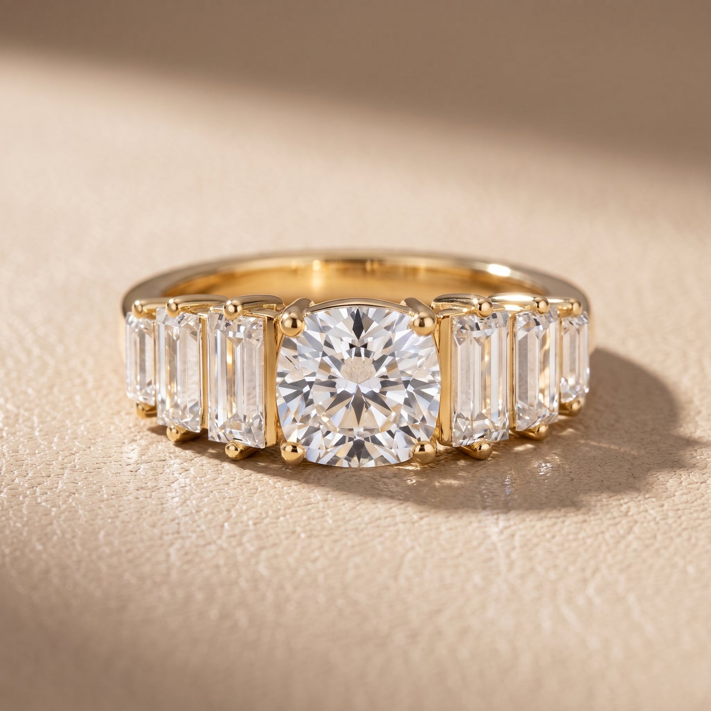 Mara Sidestone Baguette Accent Cushion Diamond Engagement Ring in Yellow Gold - front.jpg