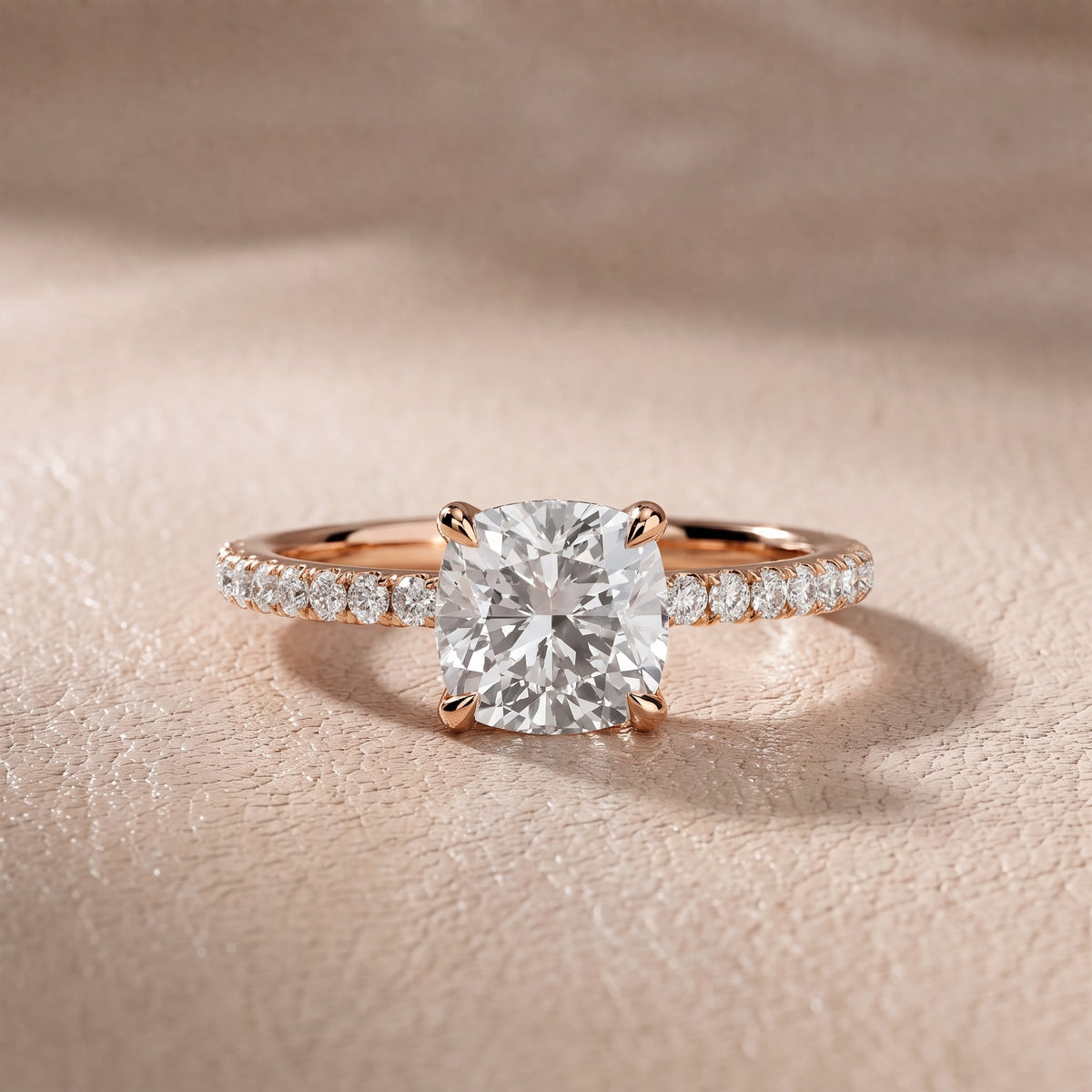 Olivia Solitaire Pavé Cushion Diamond Engagement Ring in Rose Gold - front.jpg