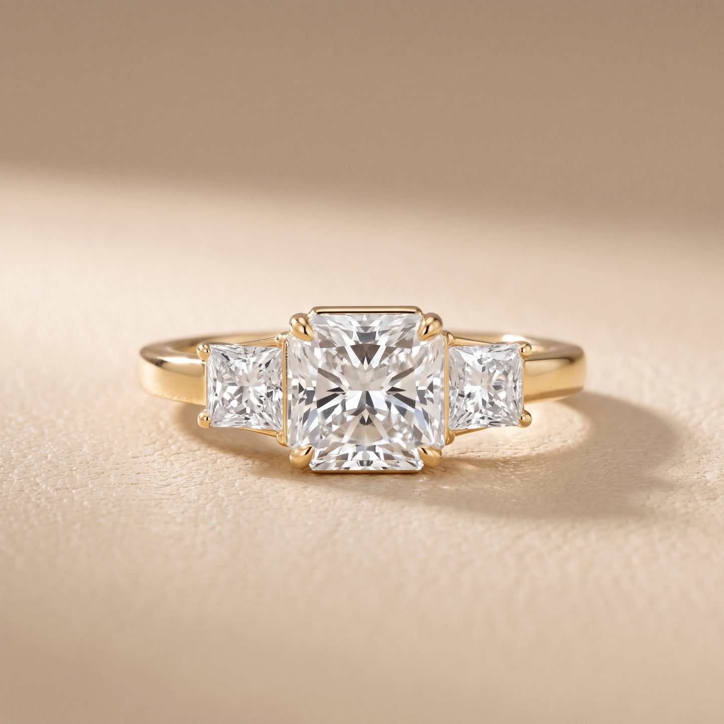 Selena Three-Stone Basket Radiant Diamond Ring in Yellow Gold - front.jpg
