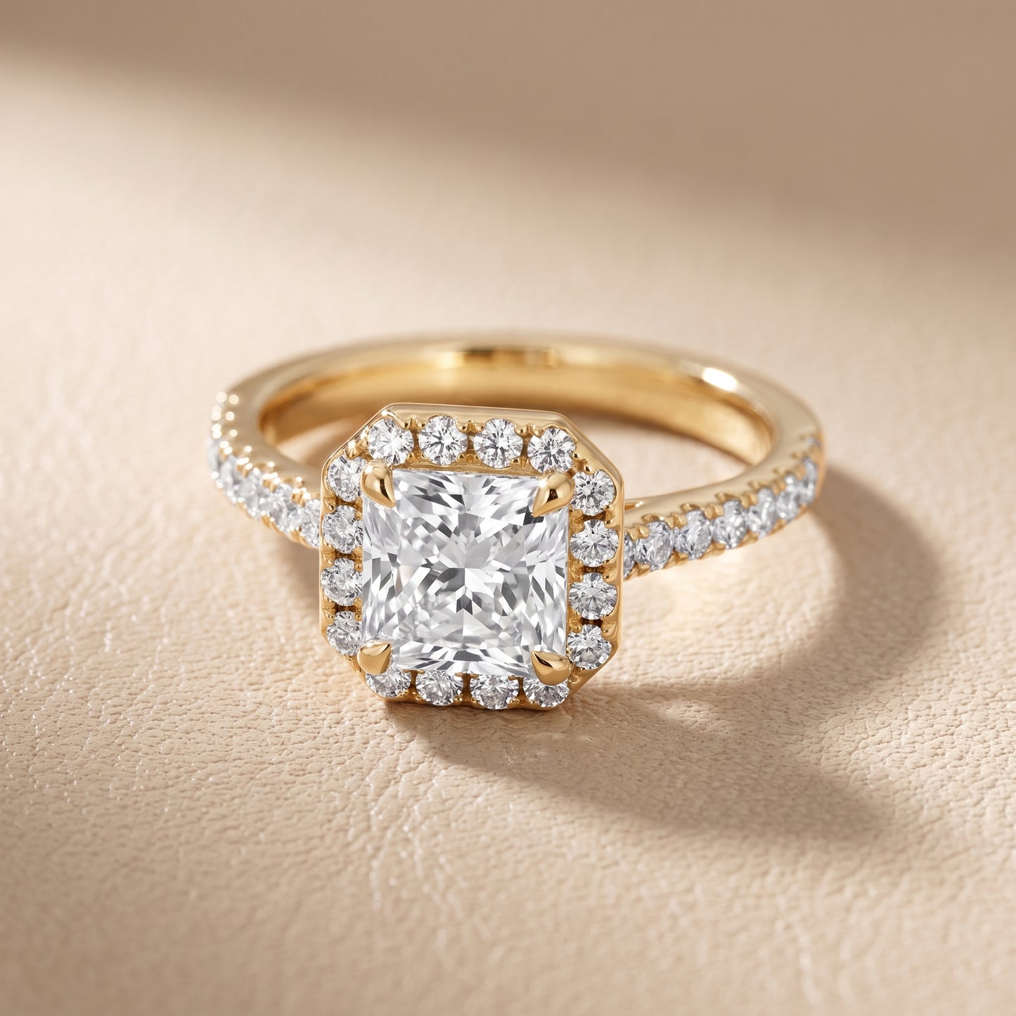 Amara Halo Claw Prong Radiant Diamond Ring in Yellow Gold - front.jpg