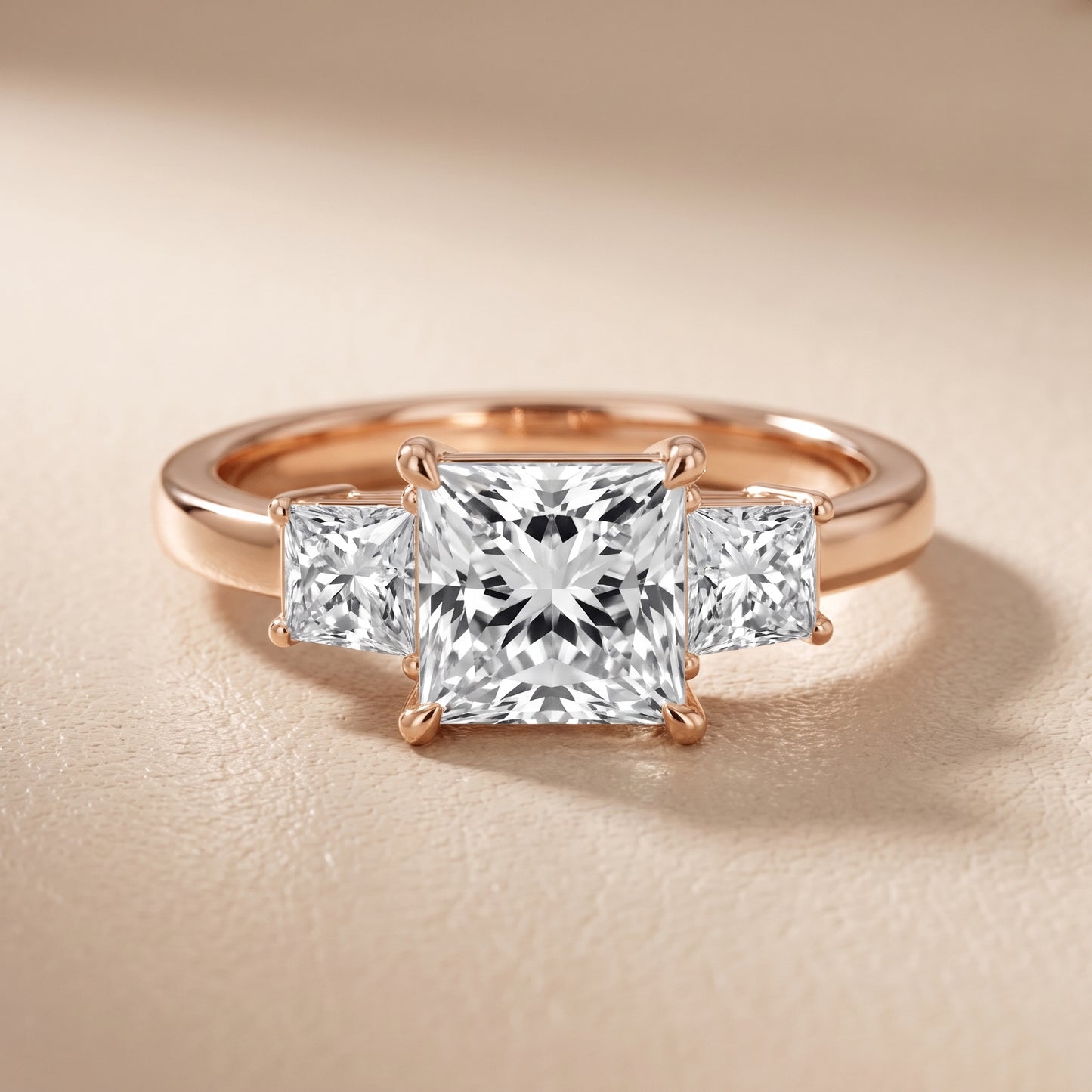 Selena Three-Stone Basket Princess Diamond Ring in Rose Gold - front.jpg