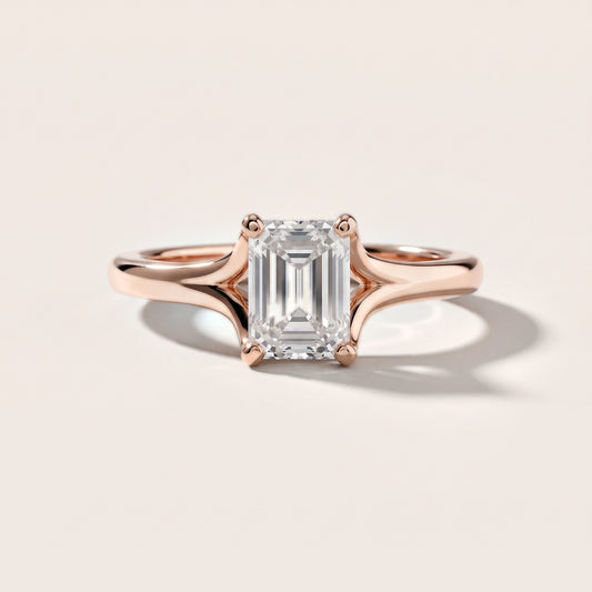 Nell Split Shank Solitaire Emerald Diamond Engagement Ring in Rose Gold